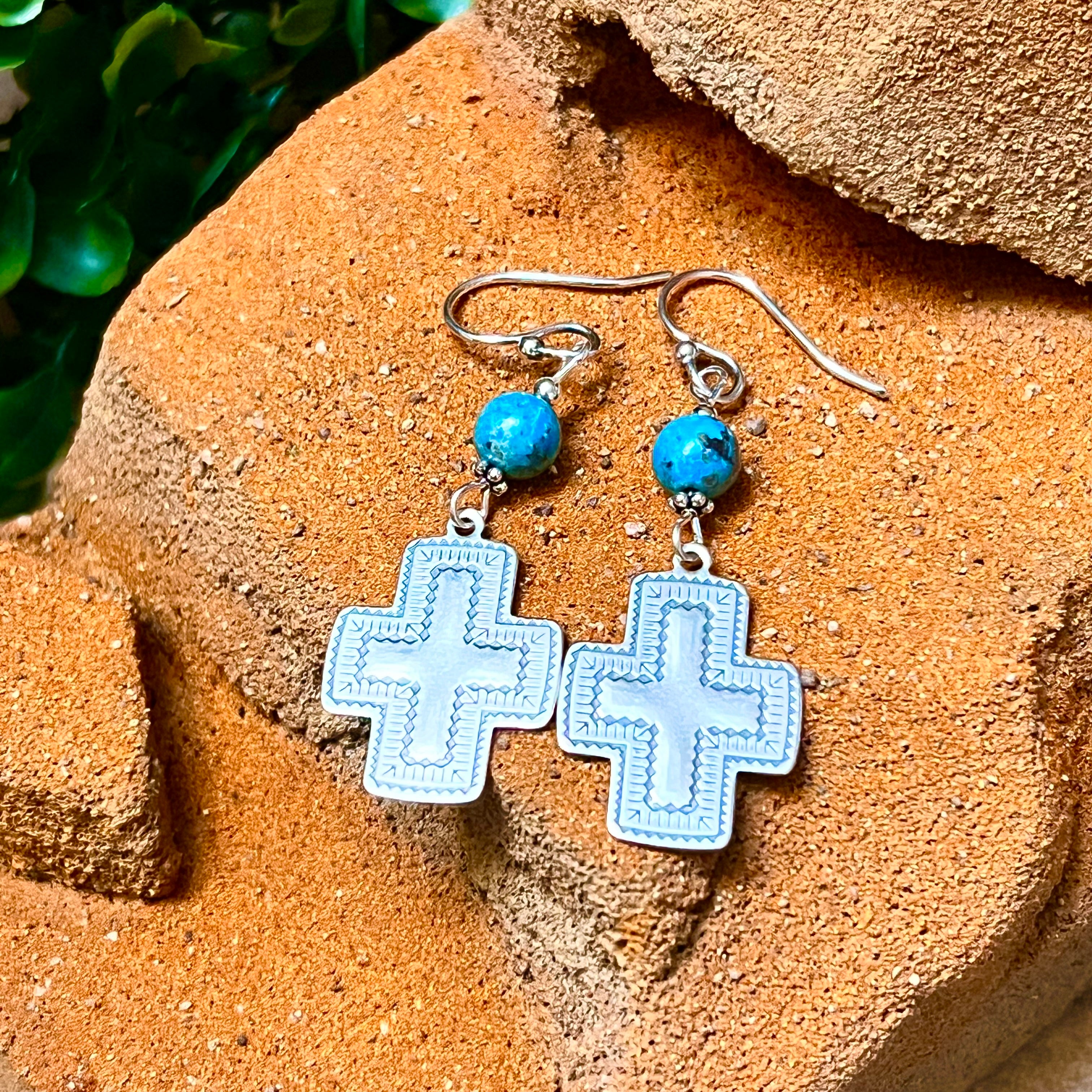 Handmade Etched Sterling Silver & Turquoise Dangle Wire Earrings