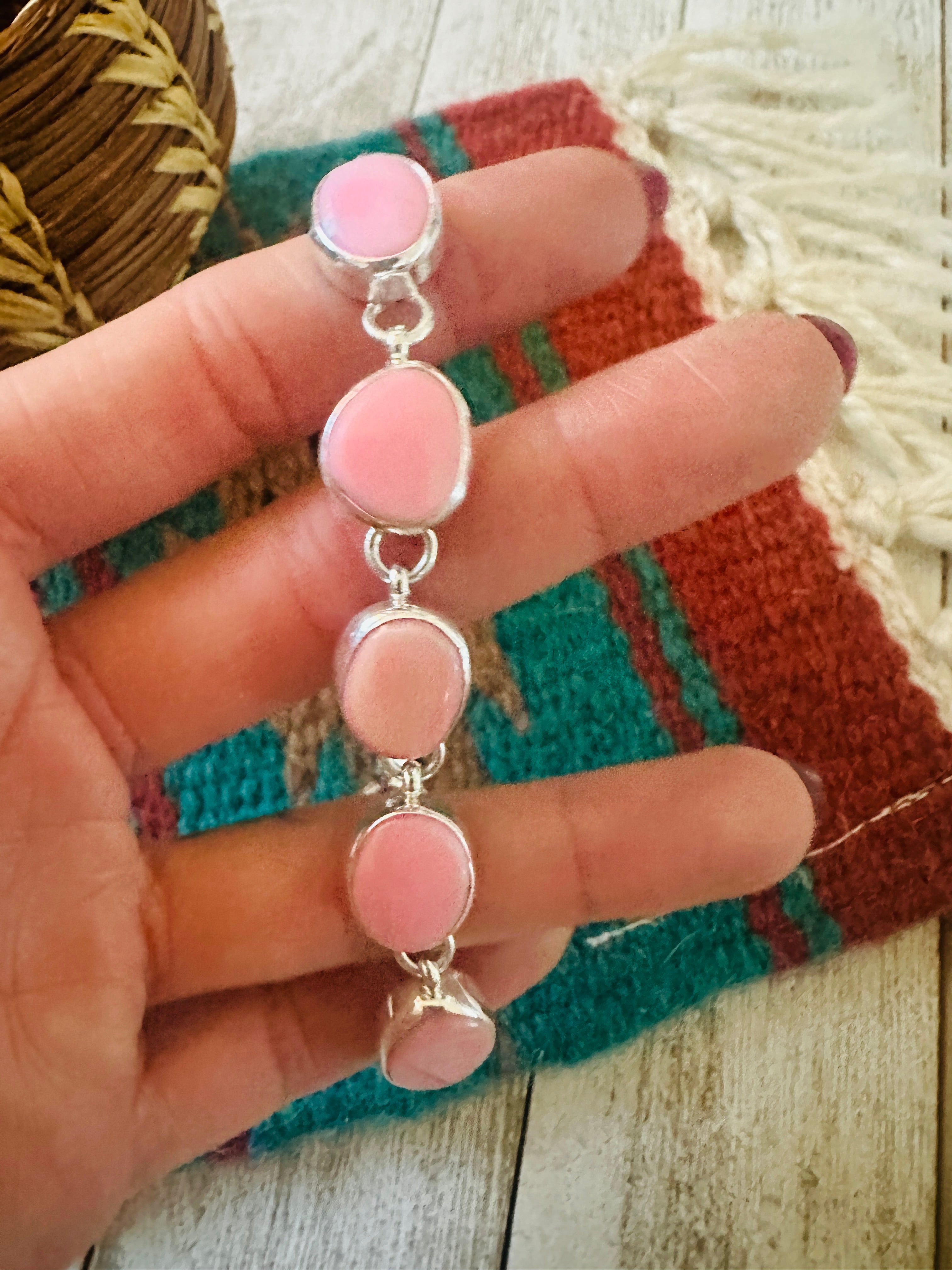 Navajo Queen Pink Conch & Sterling Silver Link Bracelet