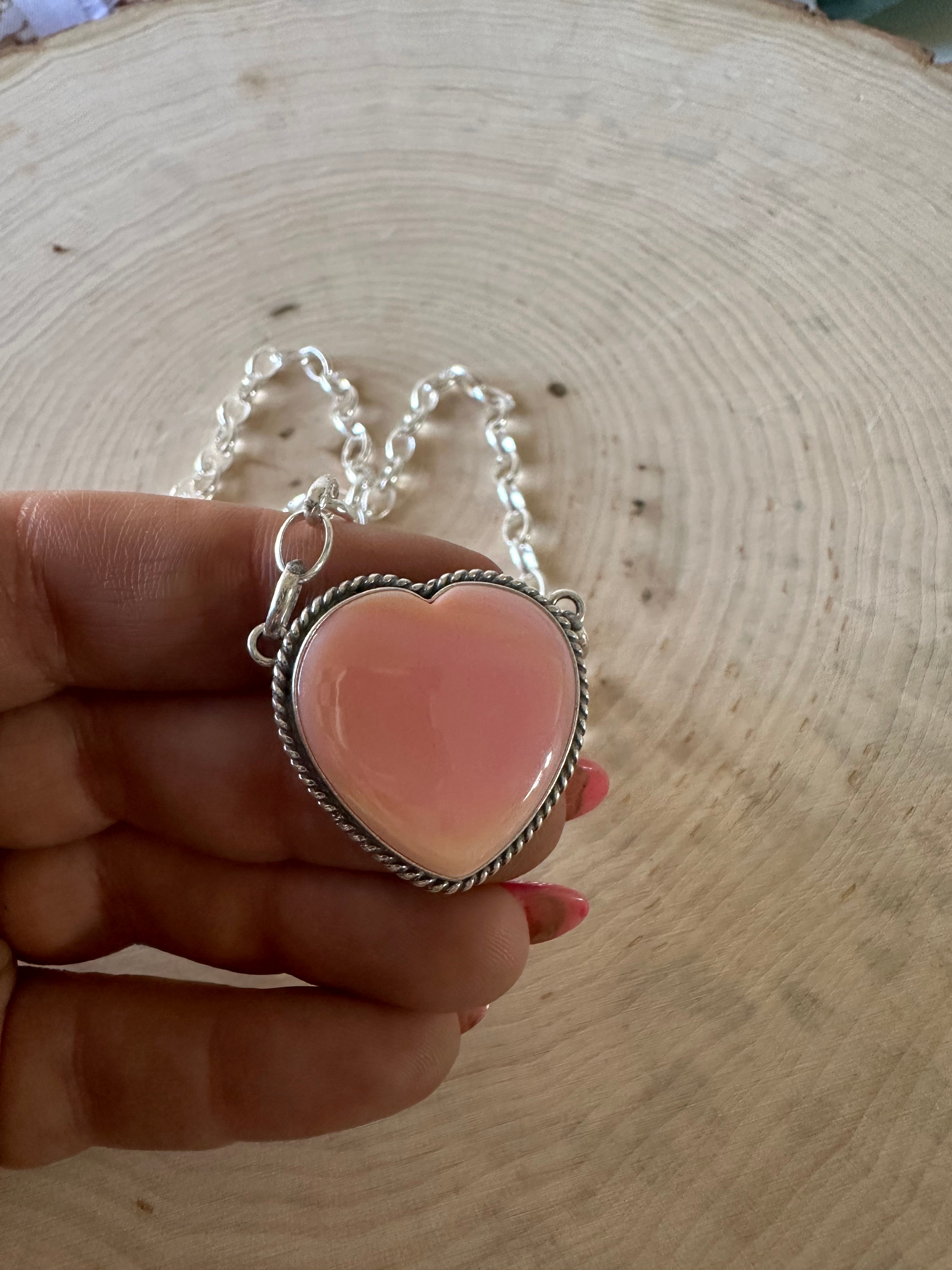 Navajo Sterling Silver & Pink Conch Heart Necklace Signed