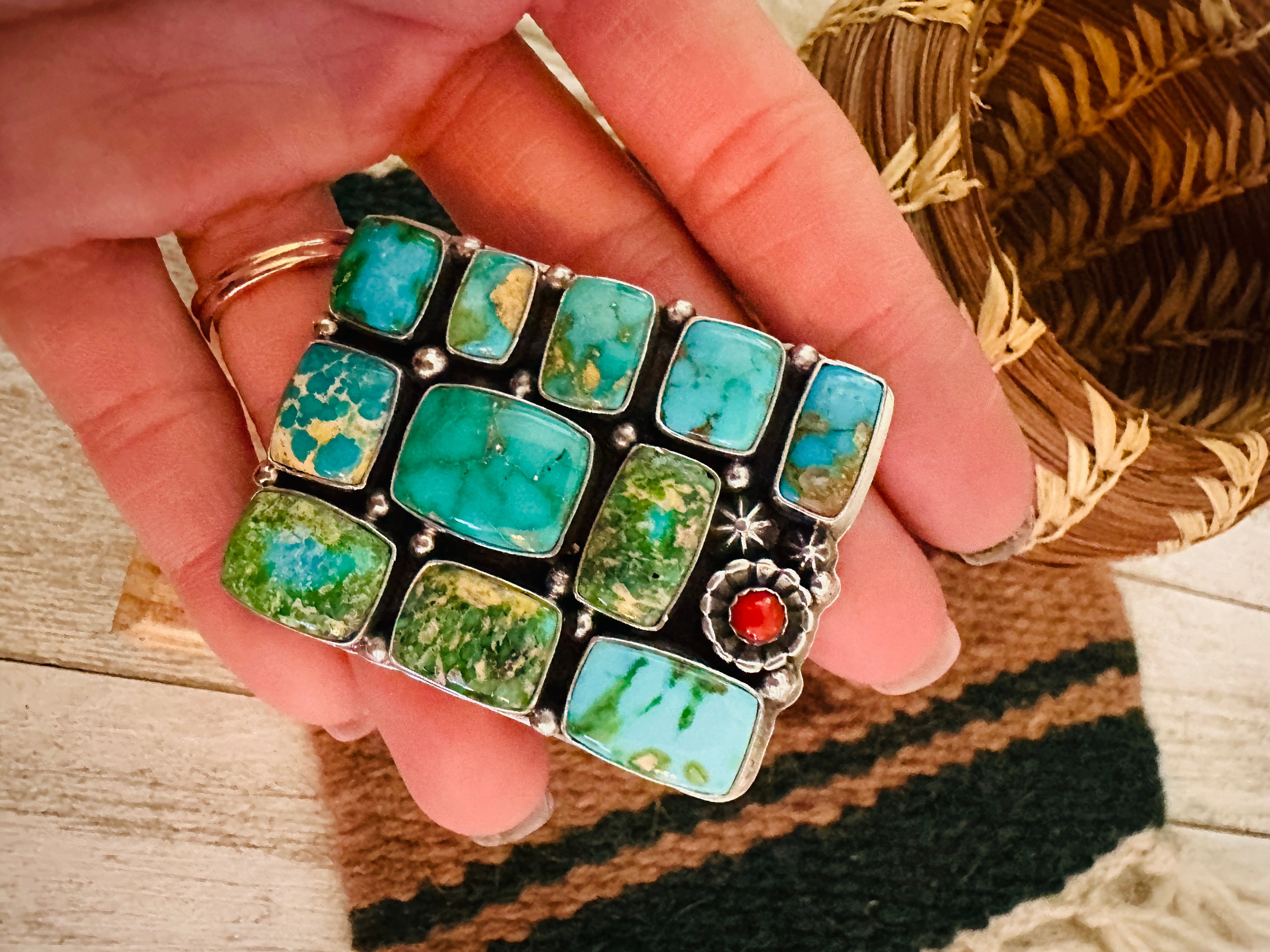 Navajo Sonoran Mountain Turquoise, Coral & Sterling Silver Adjustable Cluster Ring