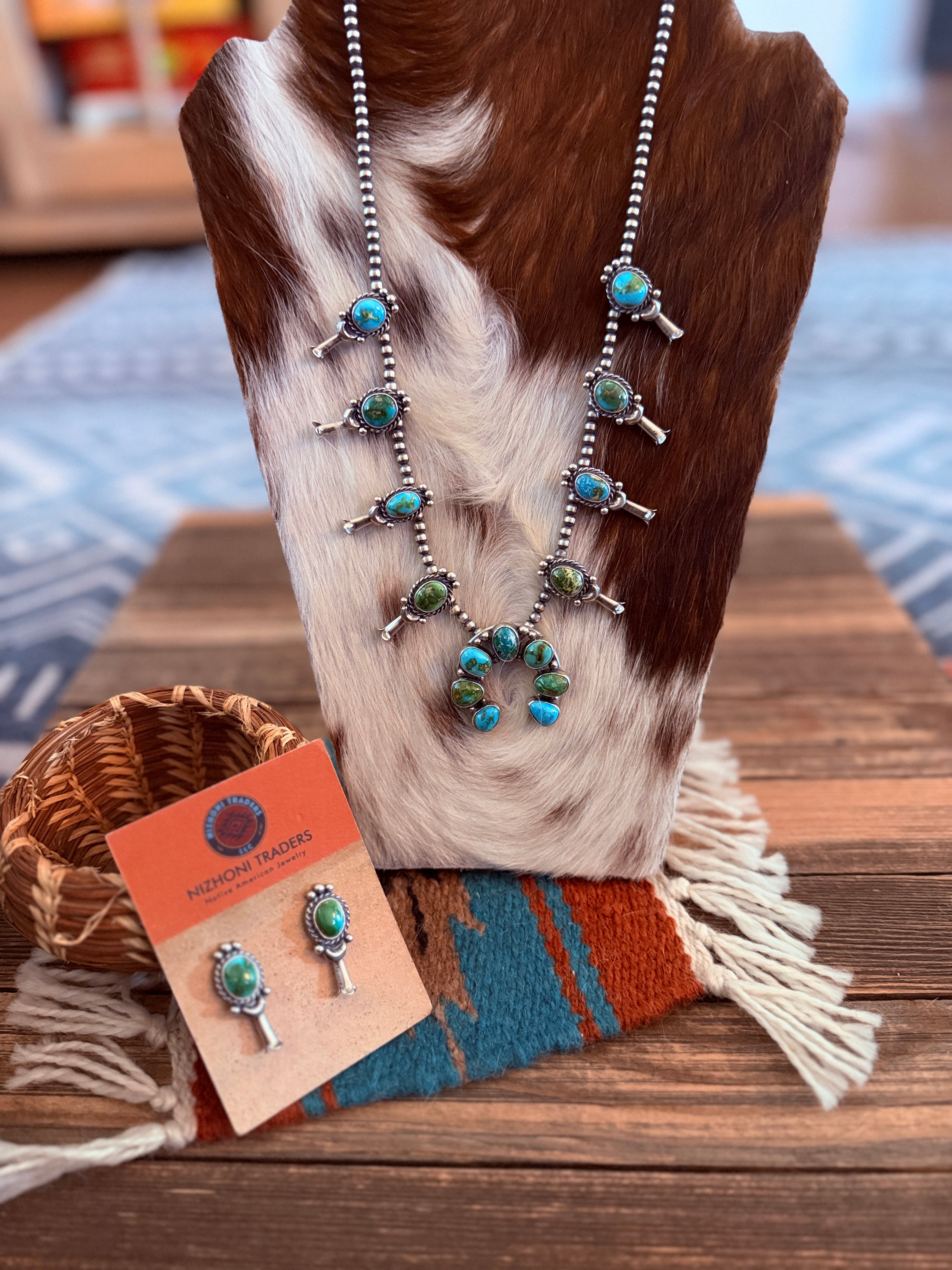 Handcrafted Sonoran Mountain Turquoise & Sterling Silver Squash Blossom Necklace and Earring Set