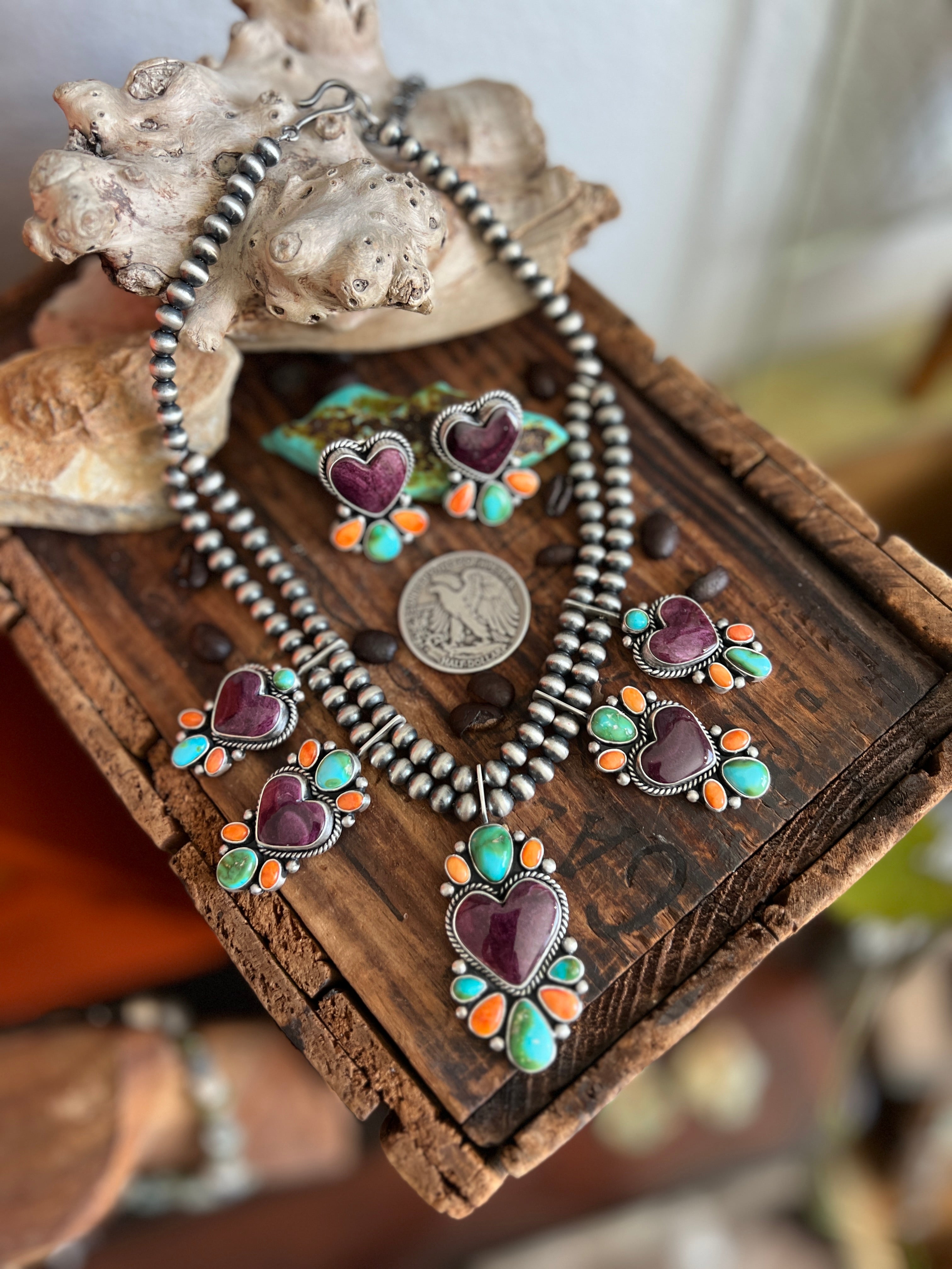 Handcrafted Sterling Silver Electric Rainbow Beaded Heart Cluster Necklace & Earrings Set by Angela Martin