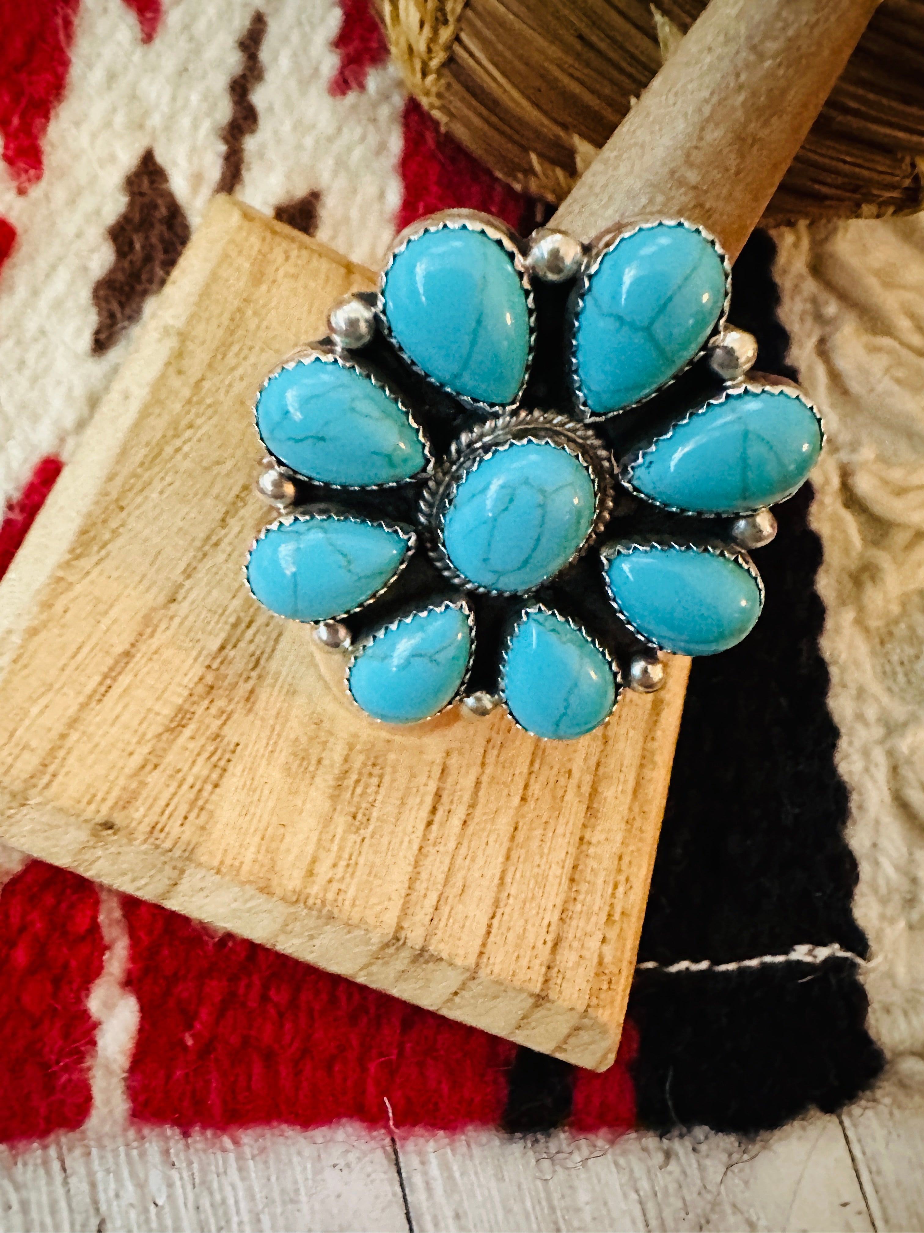 Navajo Sterling Silver & Kingman Turquoise Cluster Ring Size 8