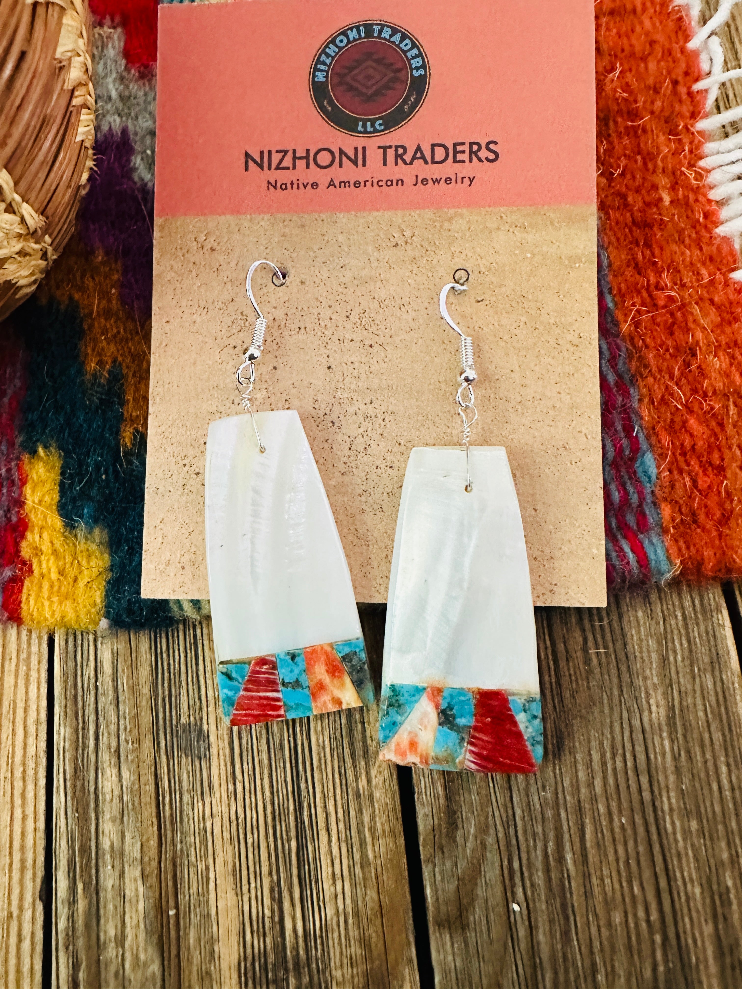 Handcrafted Mother of Pearl, Spiny Oyster, Turquoise Slab Dangle Earrings