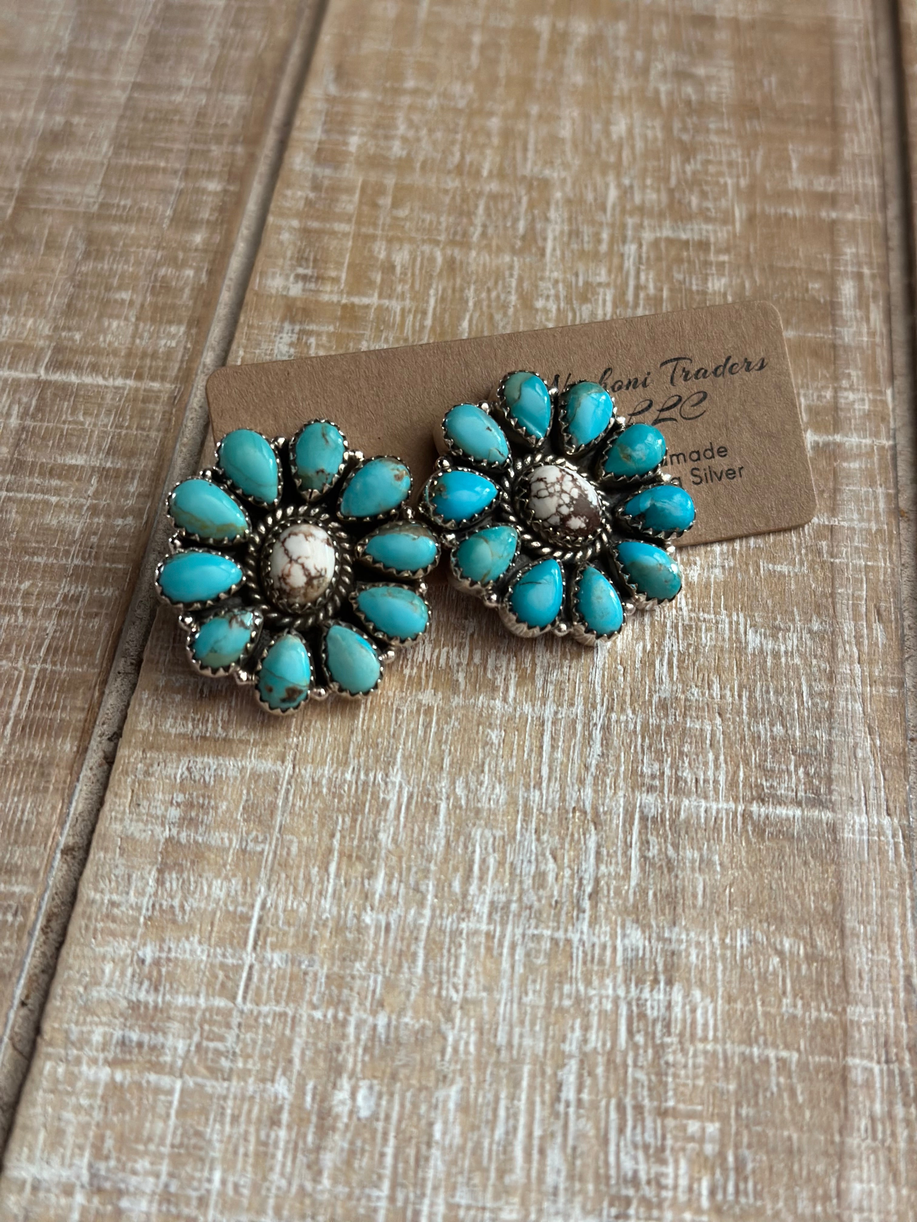 Handmade Turquoise, Wild Horse & Sterling Silver Cluster Post Earrings Signed Nizhoni