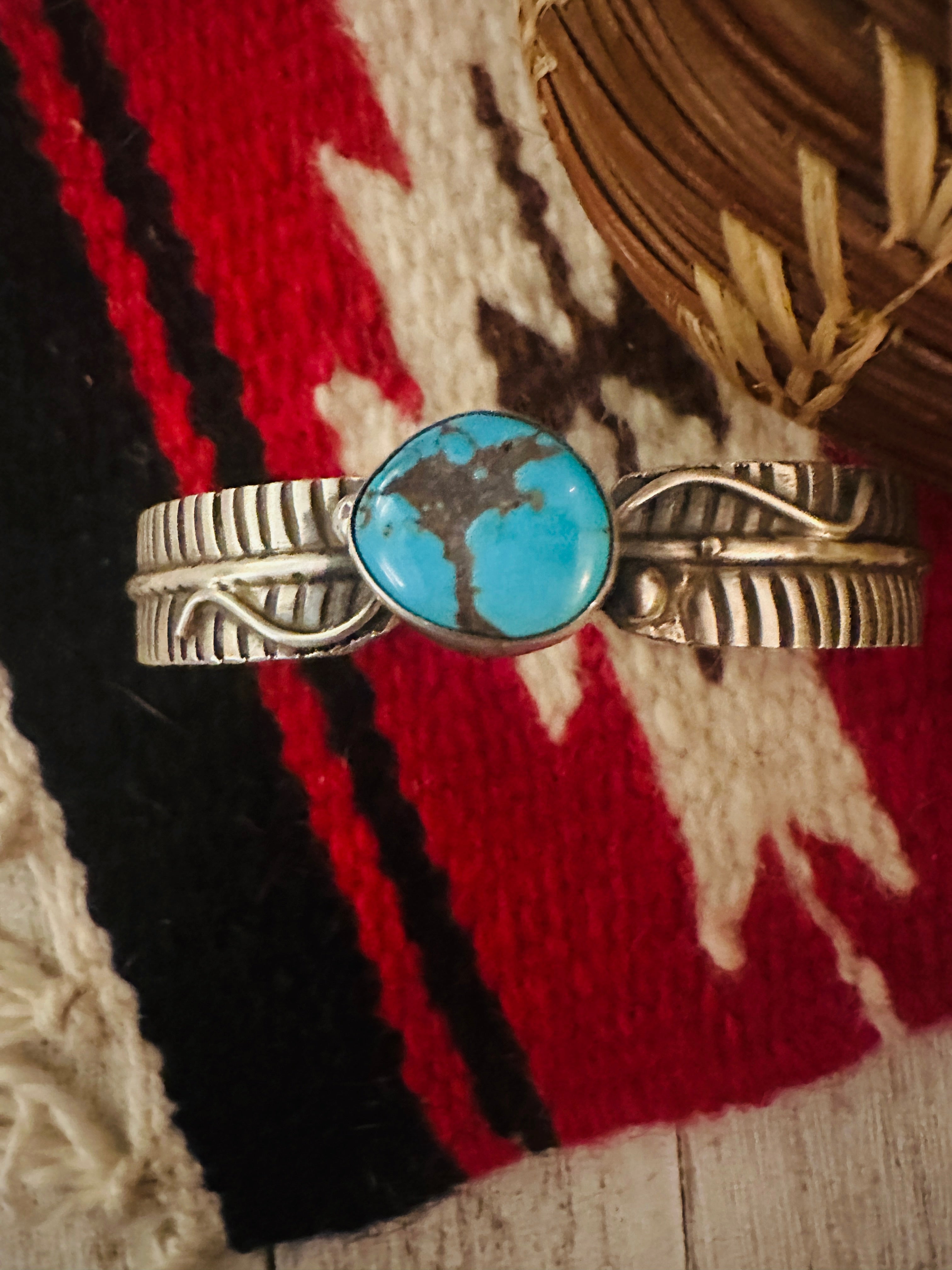 Navajo Turquoise & Sterling Silver Feather Cuff Bracelet