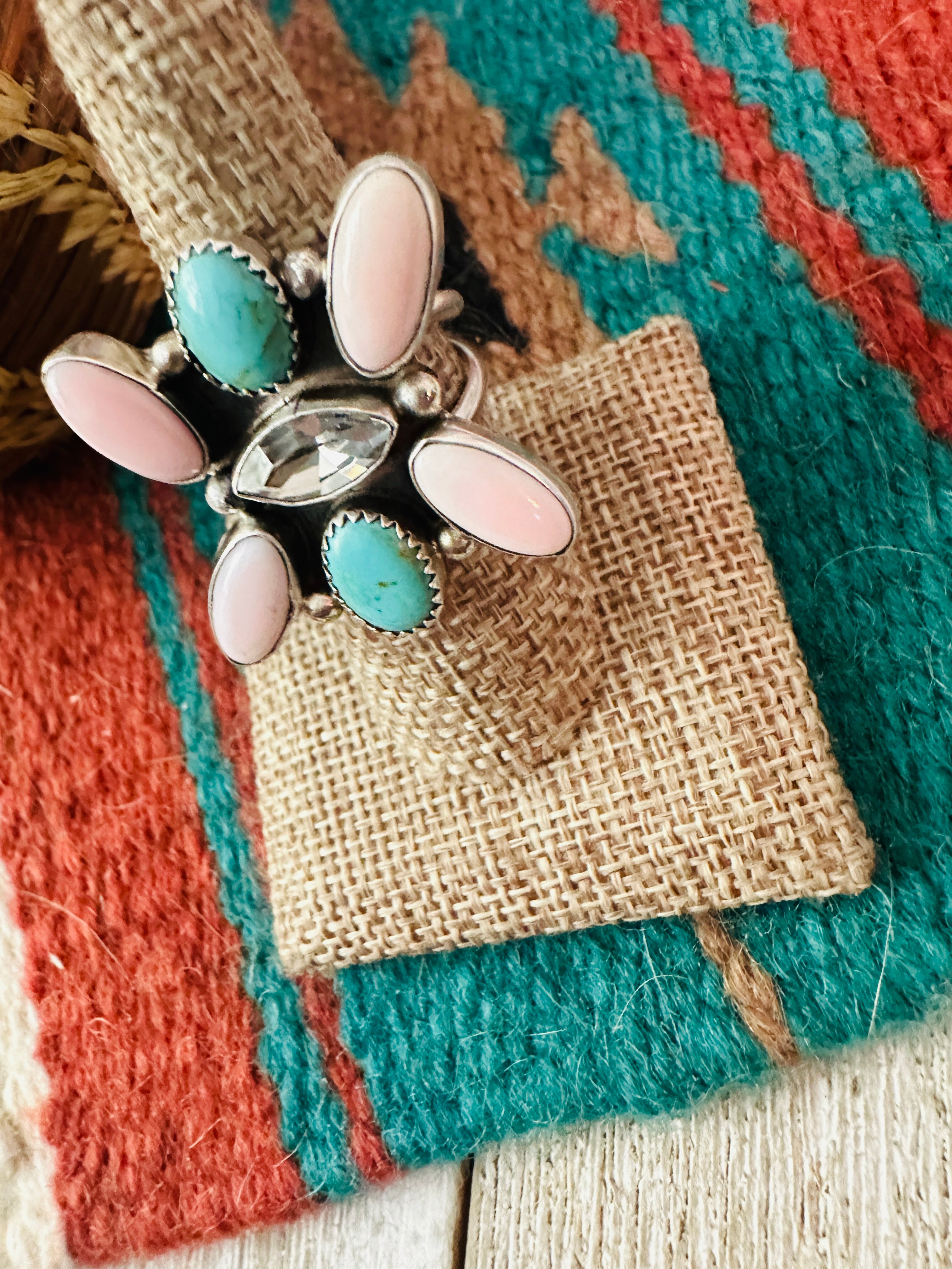 Handcrafted Queen Pink Conch, Turquoise & Sterling Silver Adjustable Ring by Jacqueline Silver