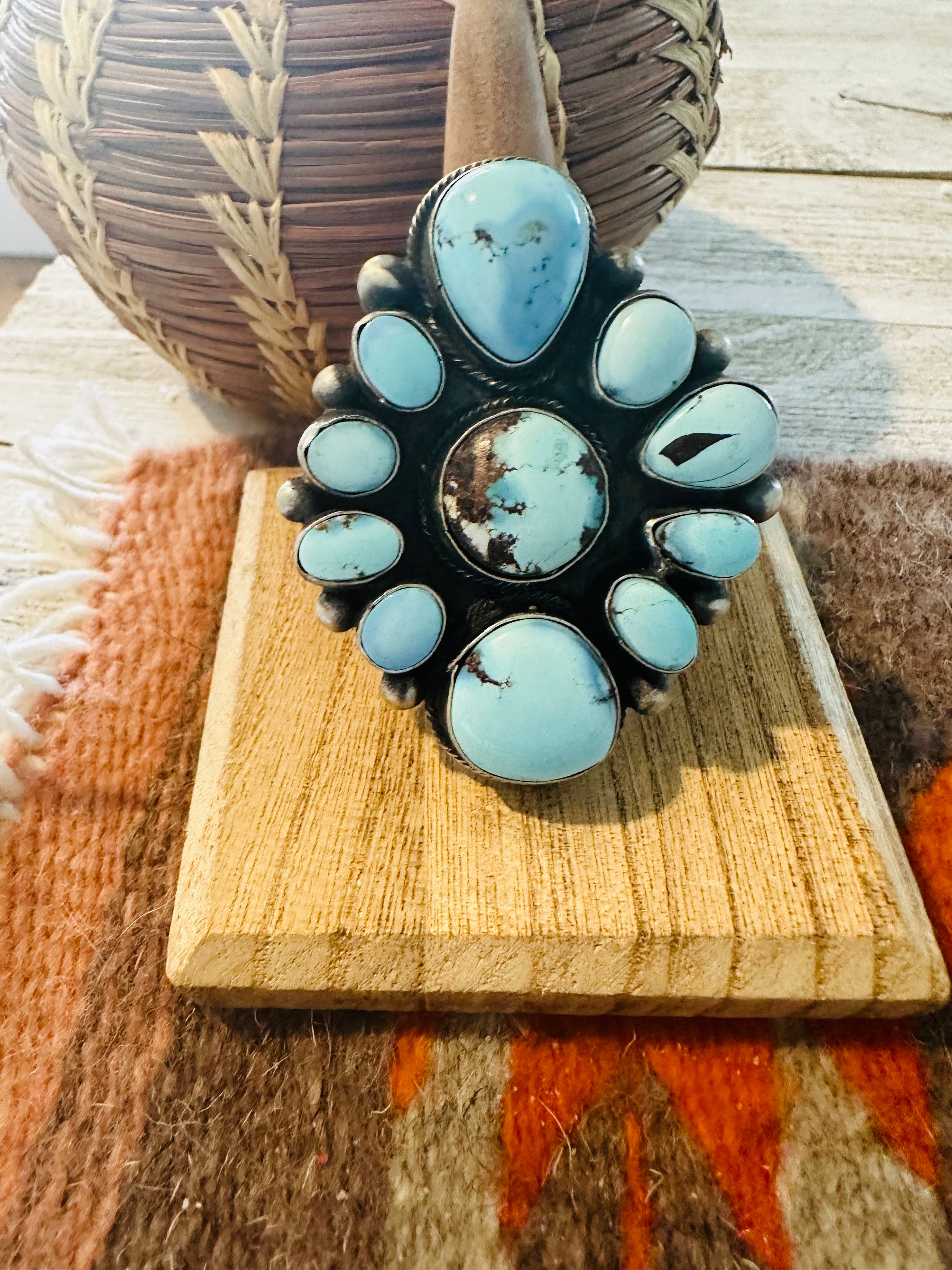 Navajo Golden Hills Turquoise & Sterling Silver Cluster Ring Size 8