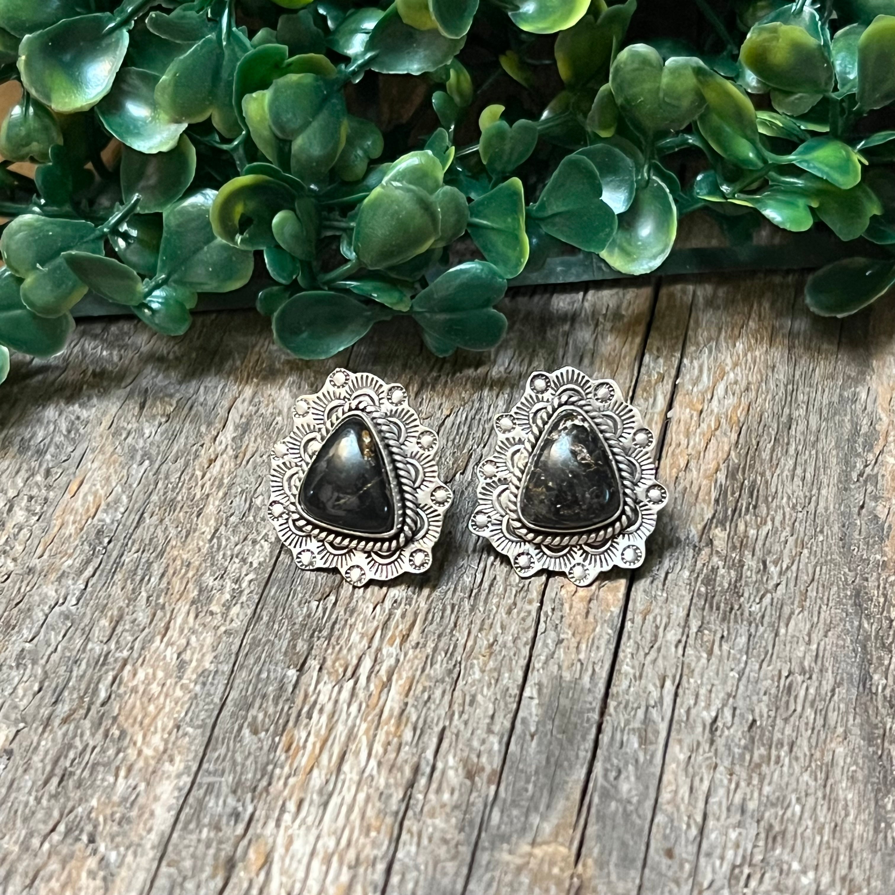 Handmade Etched Sterling Silver & Black Onyx Stud Earrings