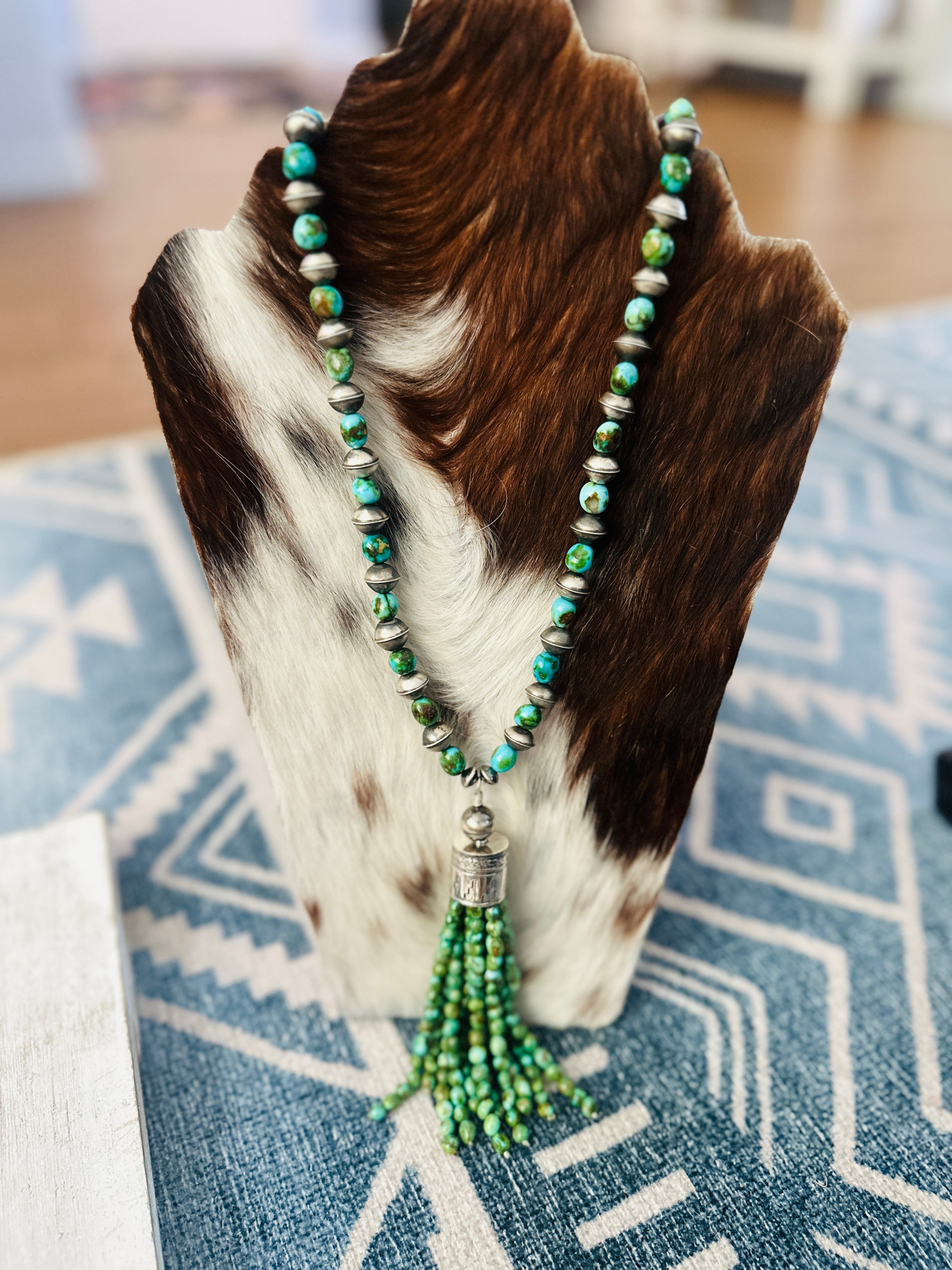 Handcrafted Sonoran Mountain Turquoise & Sterling Silver Beaded Tassel Necklace