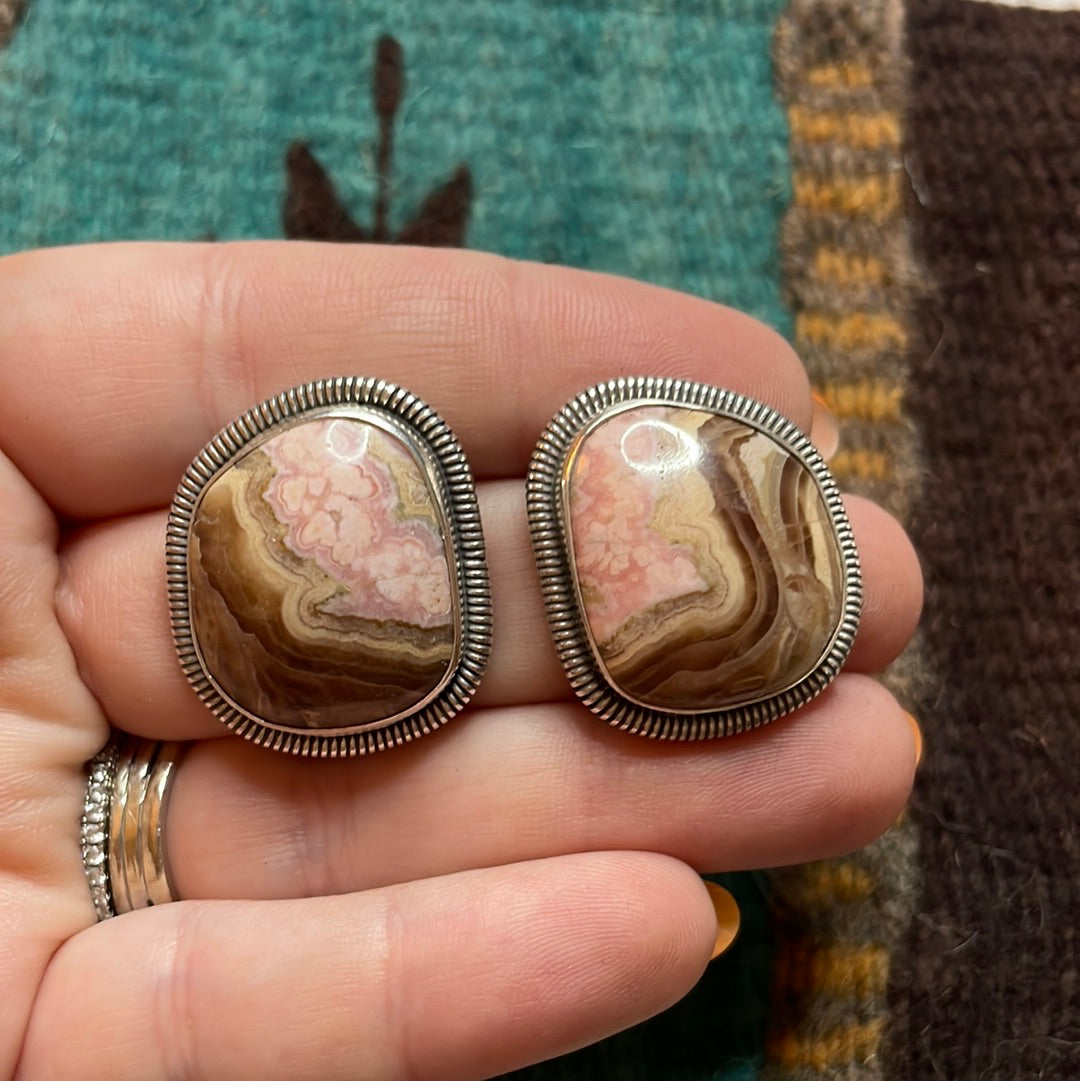 Navajo Sterling Silver & Rhodochrosite Stone Post Earrings