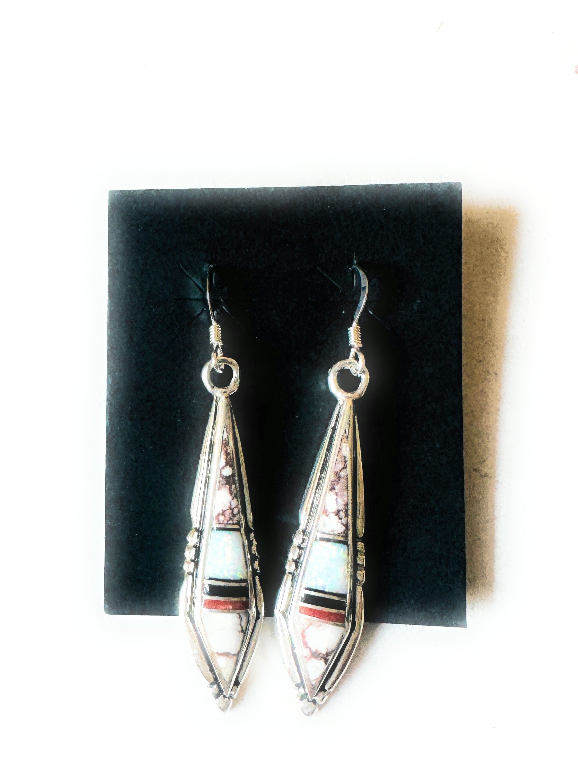 Navajo Sterling Silver & Multi Stone Inlay Dangle Earrings