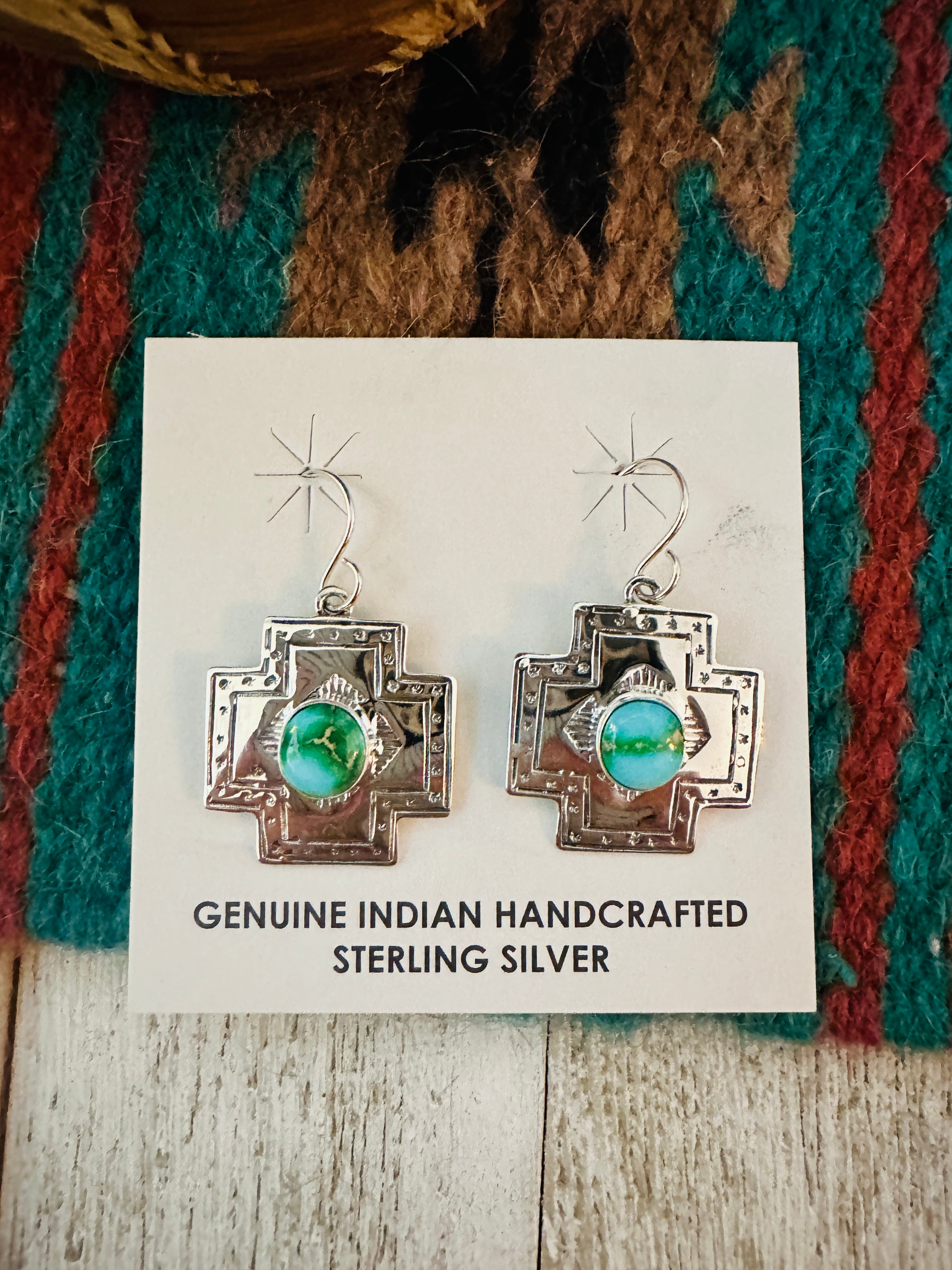 Navajo Sonoran Mountain Turquoise And Sterling Silver Cross Dangle Earrings