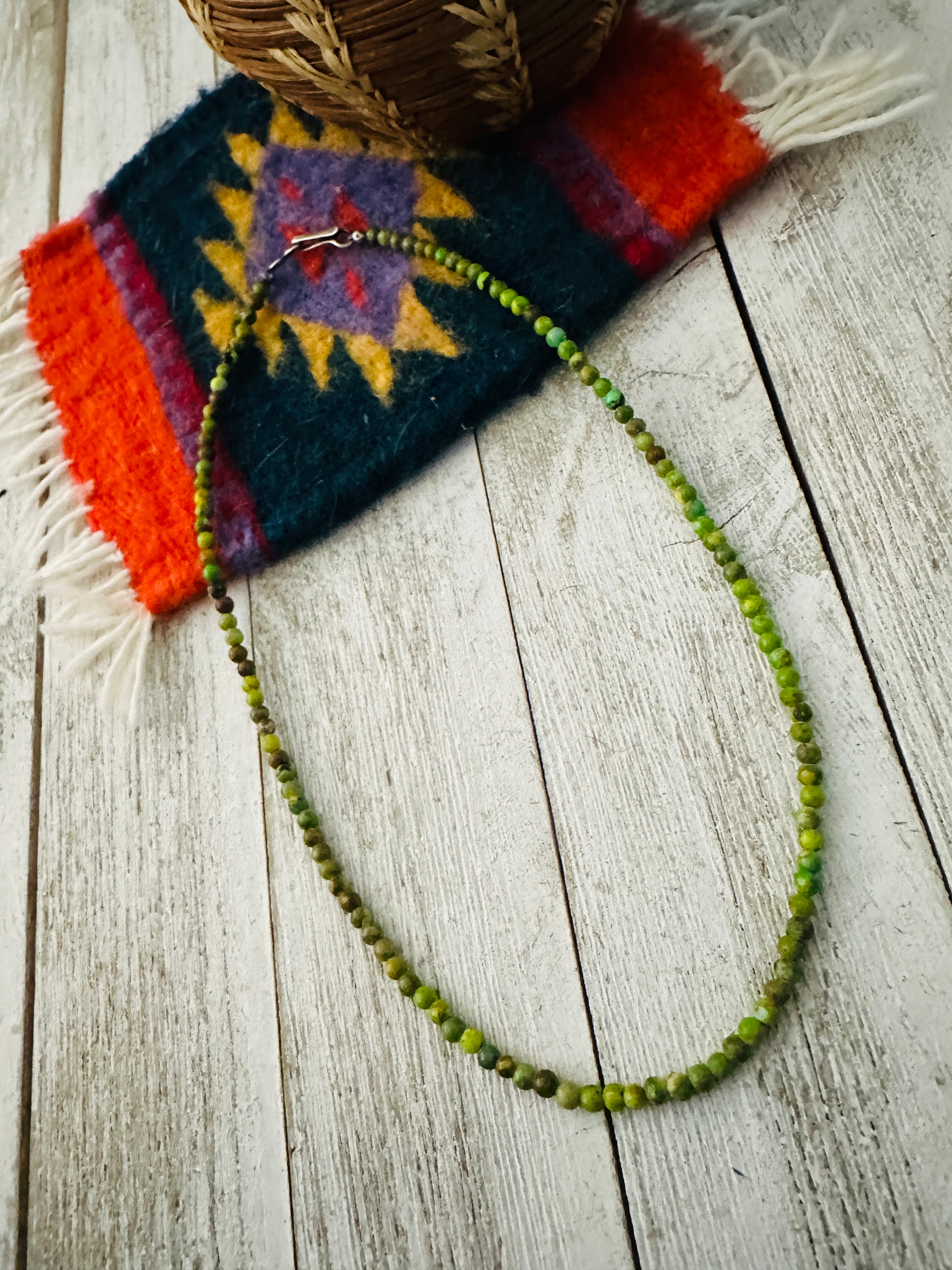 Navajo Green Turquoise & Sterling Silver 16” Beaded Necklace