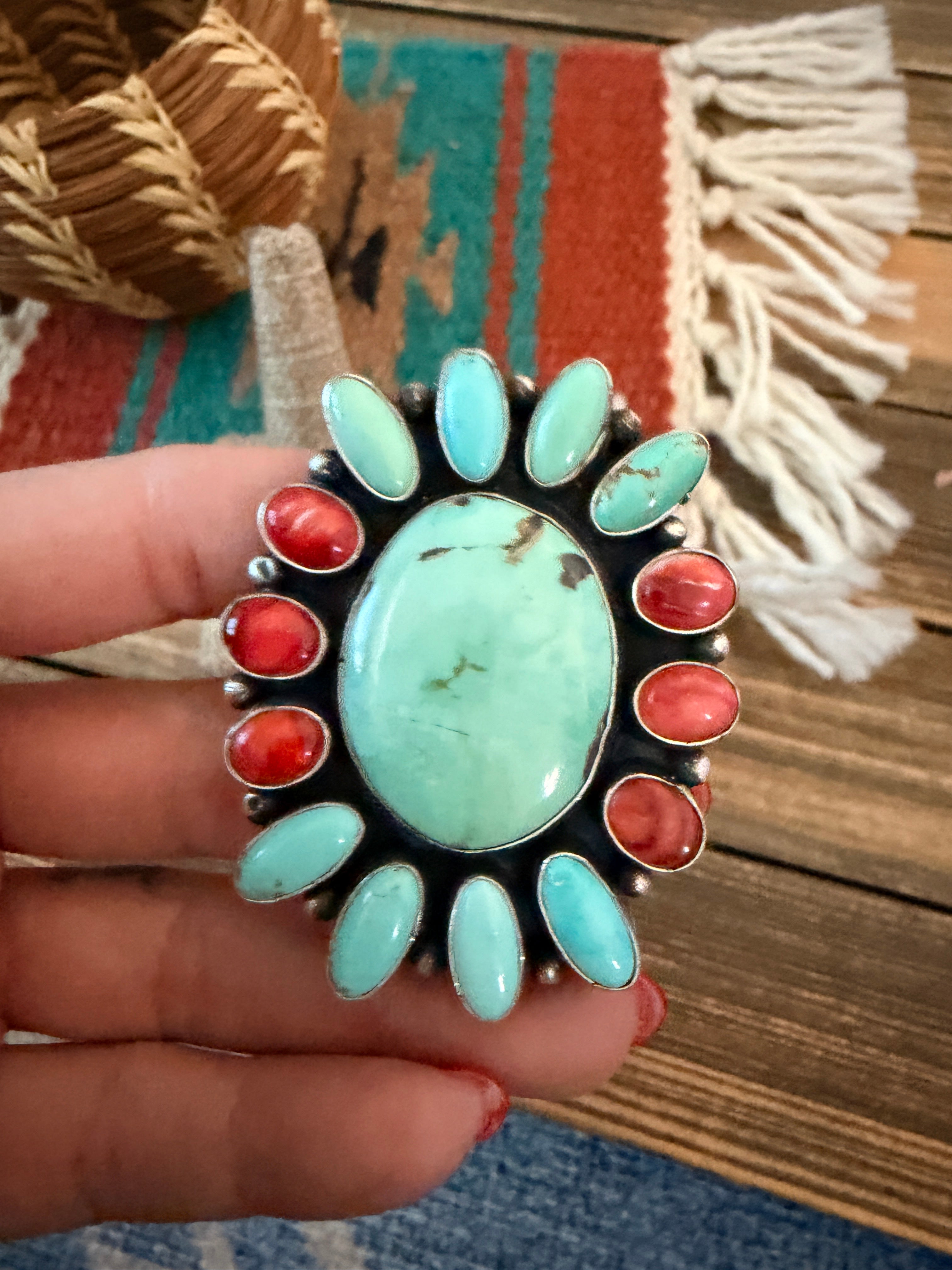 Handcrafted Spiny Oyster, Turquoise & Sterling Silver Cluster Ring by Sheila Becenti Size 11