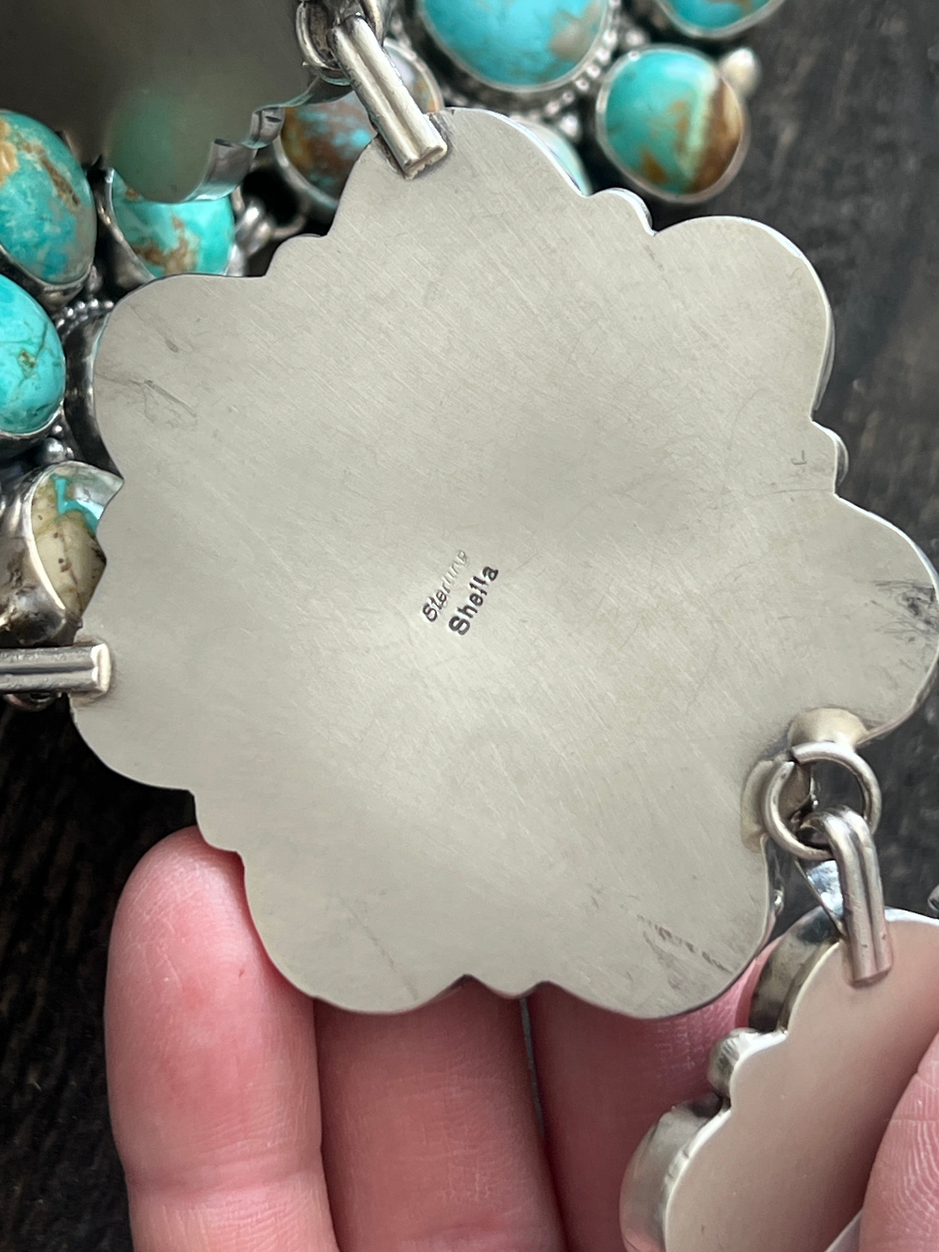 Handcrafted Big Mama Sterling Silver and Royston Turquoise Cluster Necklace with Matching Earrings by Sheila Becenti