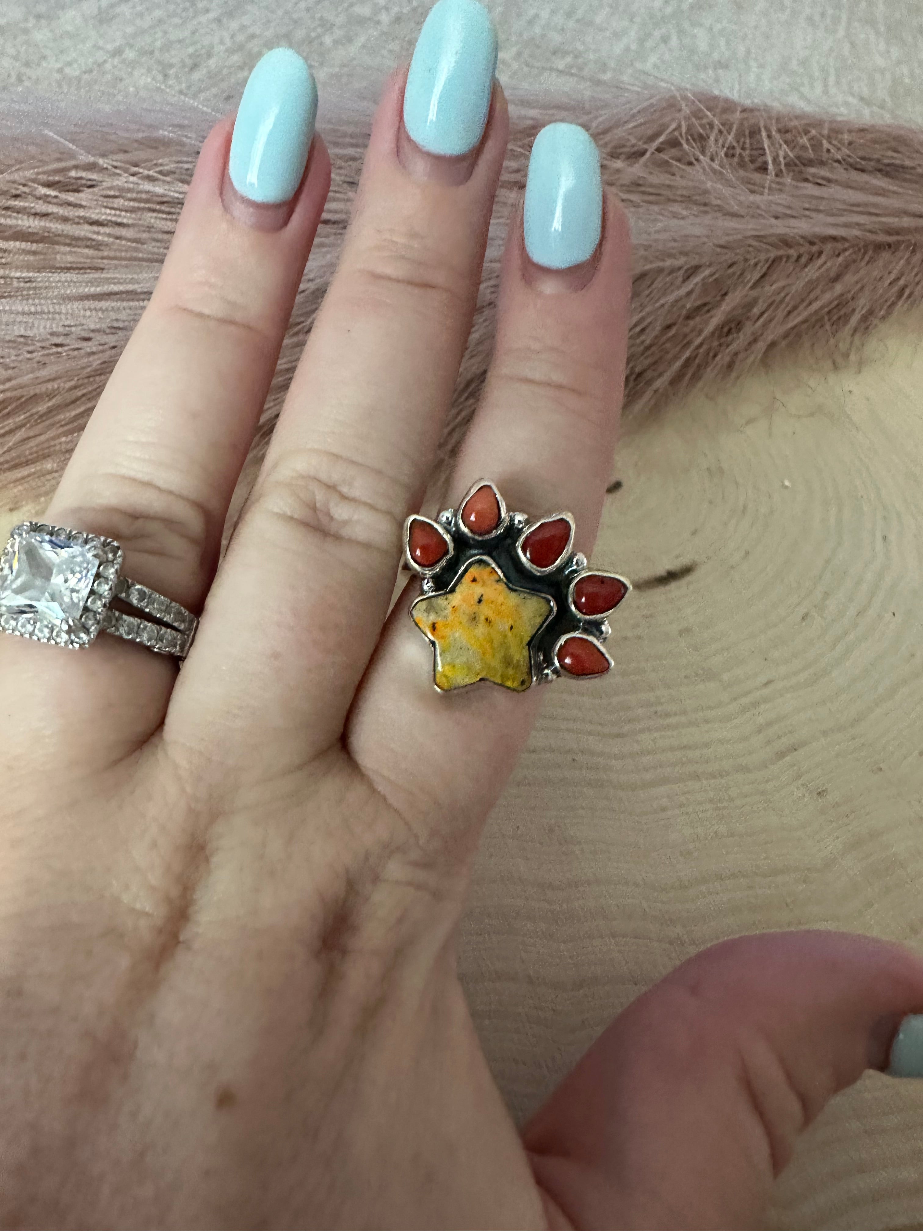 Beautiful Handmade Bumble Bee, Coral And Sterling Silver Adjustable Star Ring