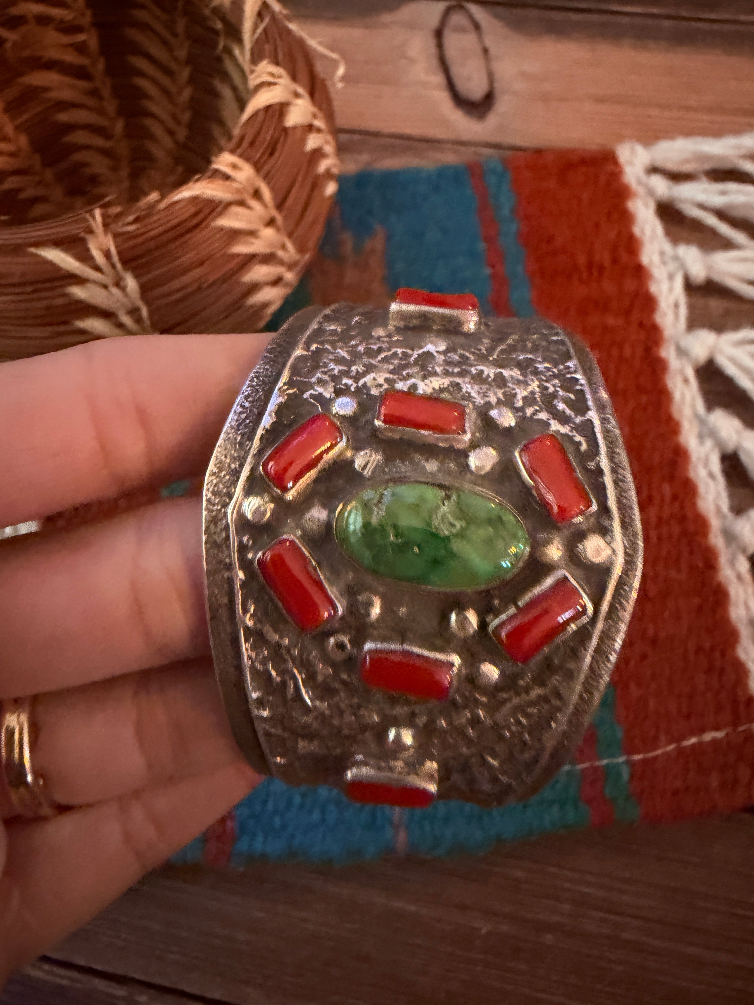 Handcrafted Turquoise, Coral & Sterling Silver Cuff Bracelet