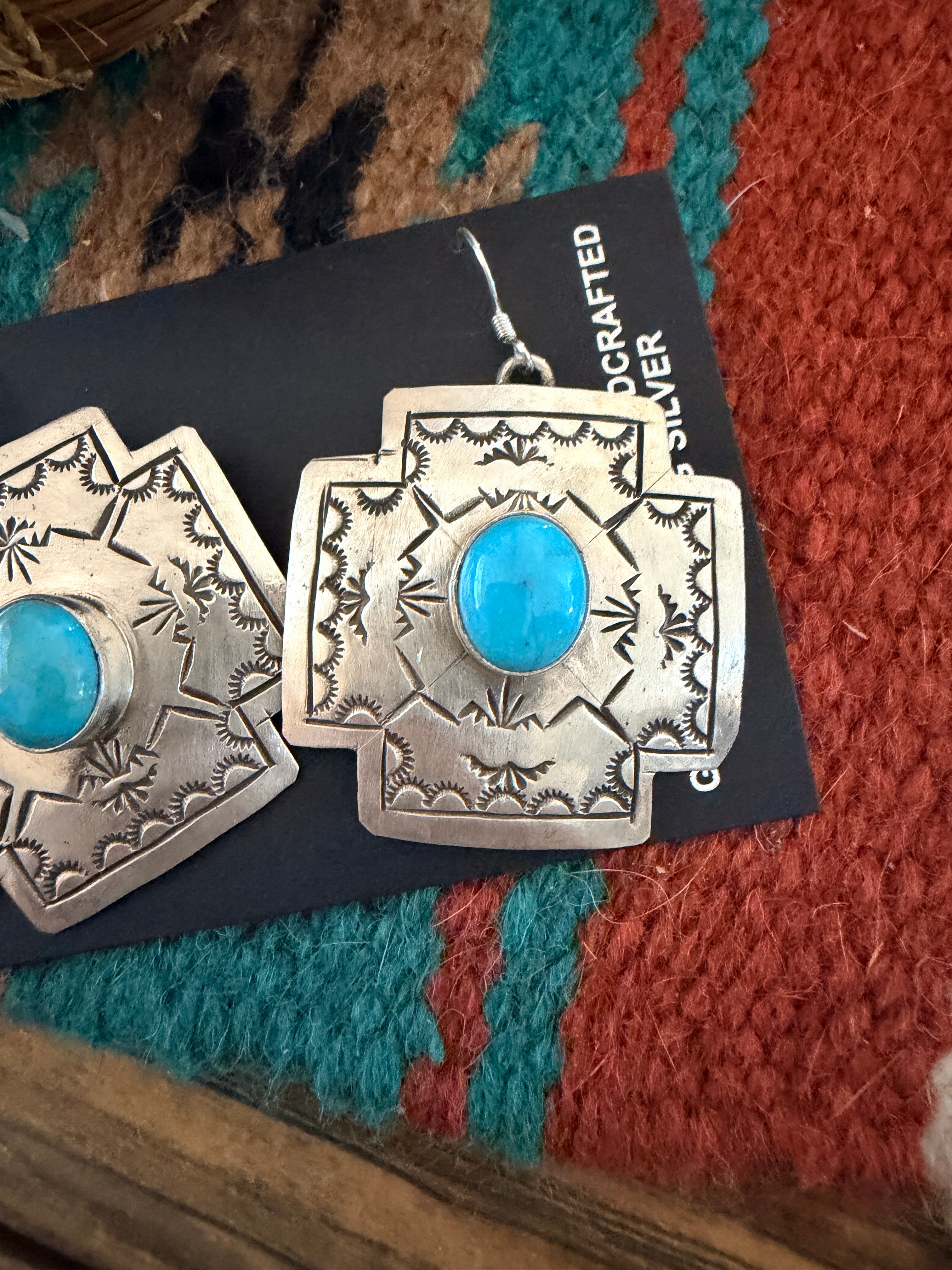 Handcrafted Sterling Silver & Turquoise Concho Cross Dangle Earrings