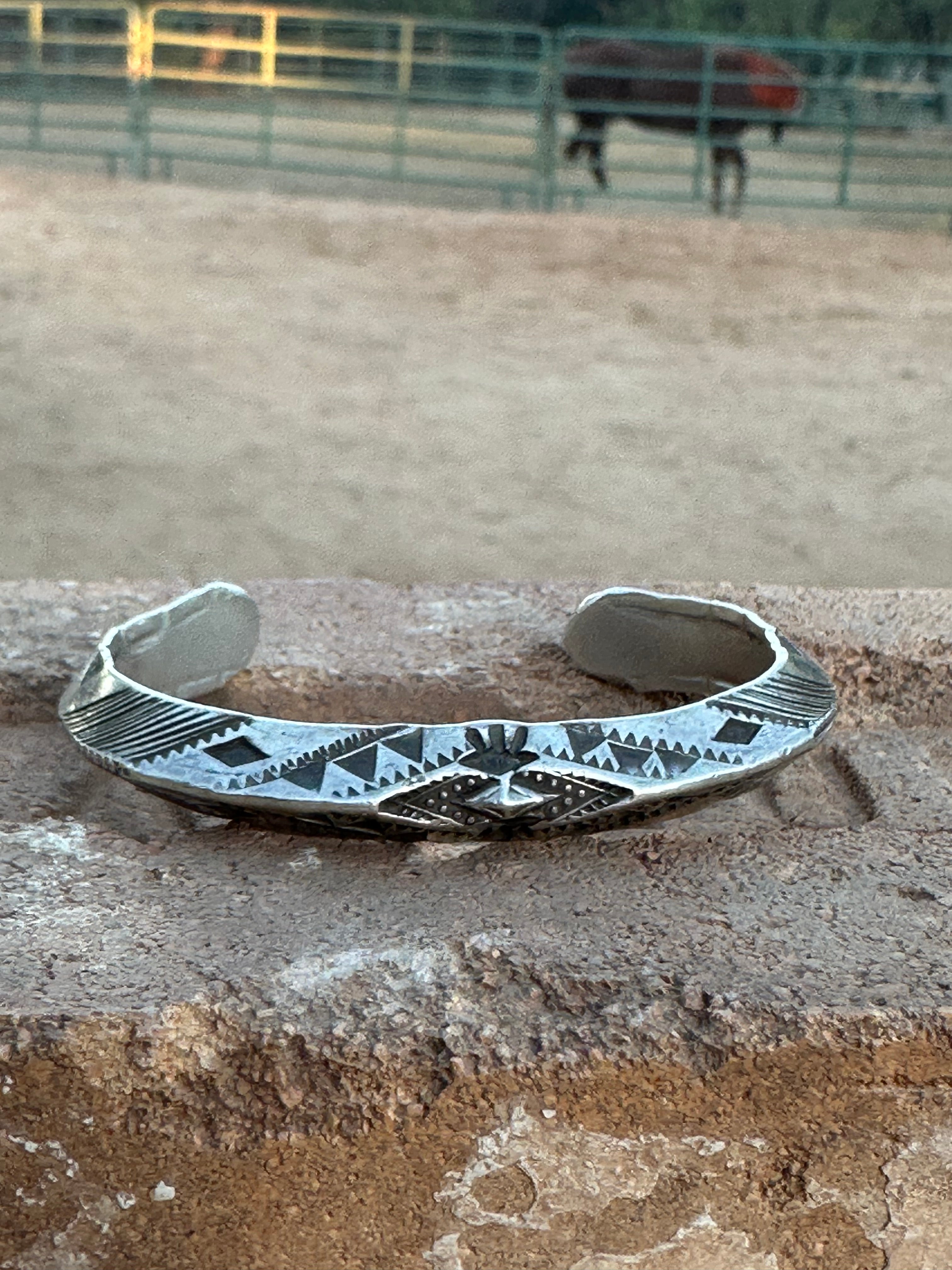 Vintage Old Pawn Vintage Navajo Sterling Silver Hand Stamped Cuff Bracelet