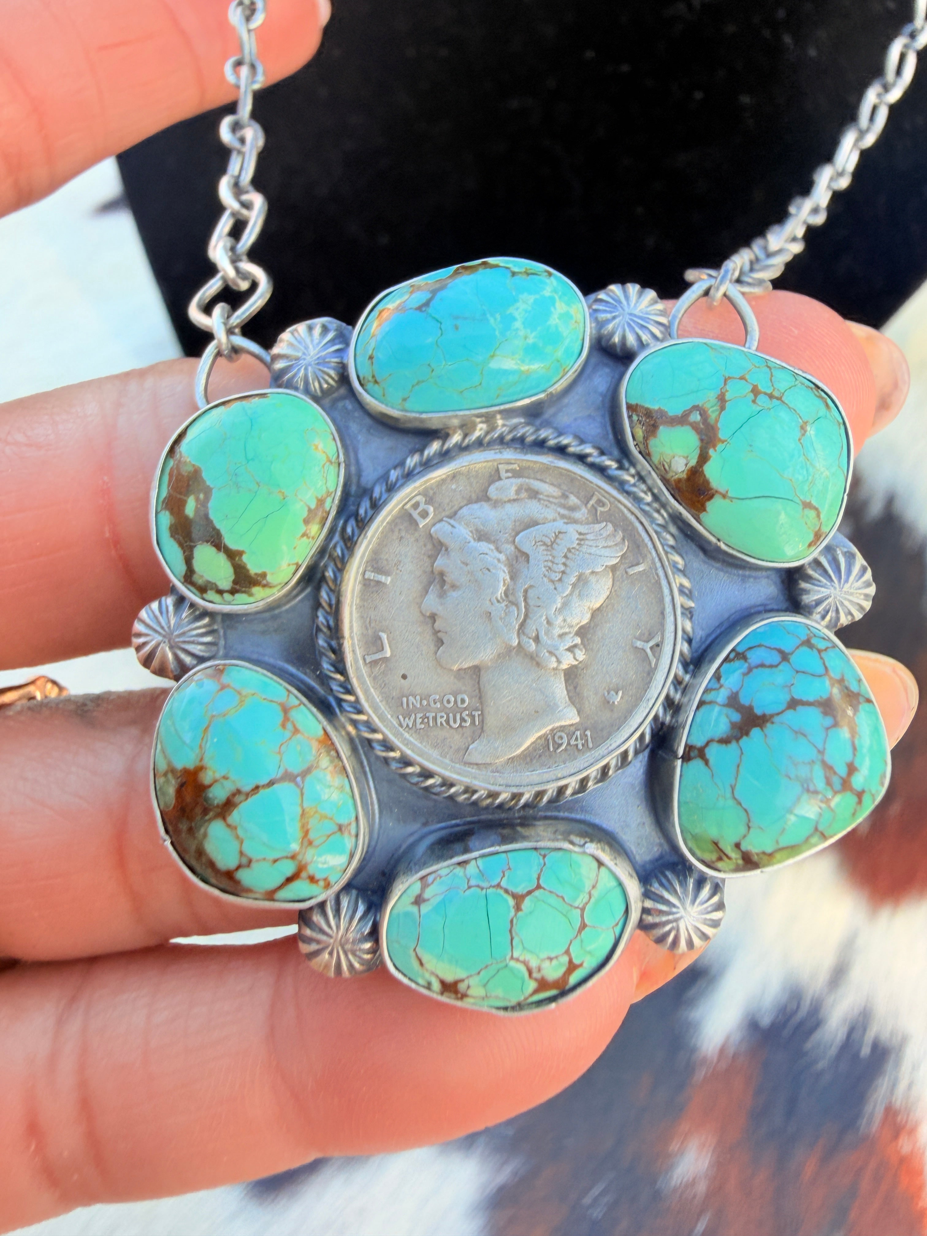 Handcrafted Number 8 Turquoise & Sterling Silver Liberty Dime Necklace by Sheila Tso