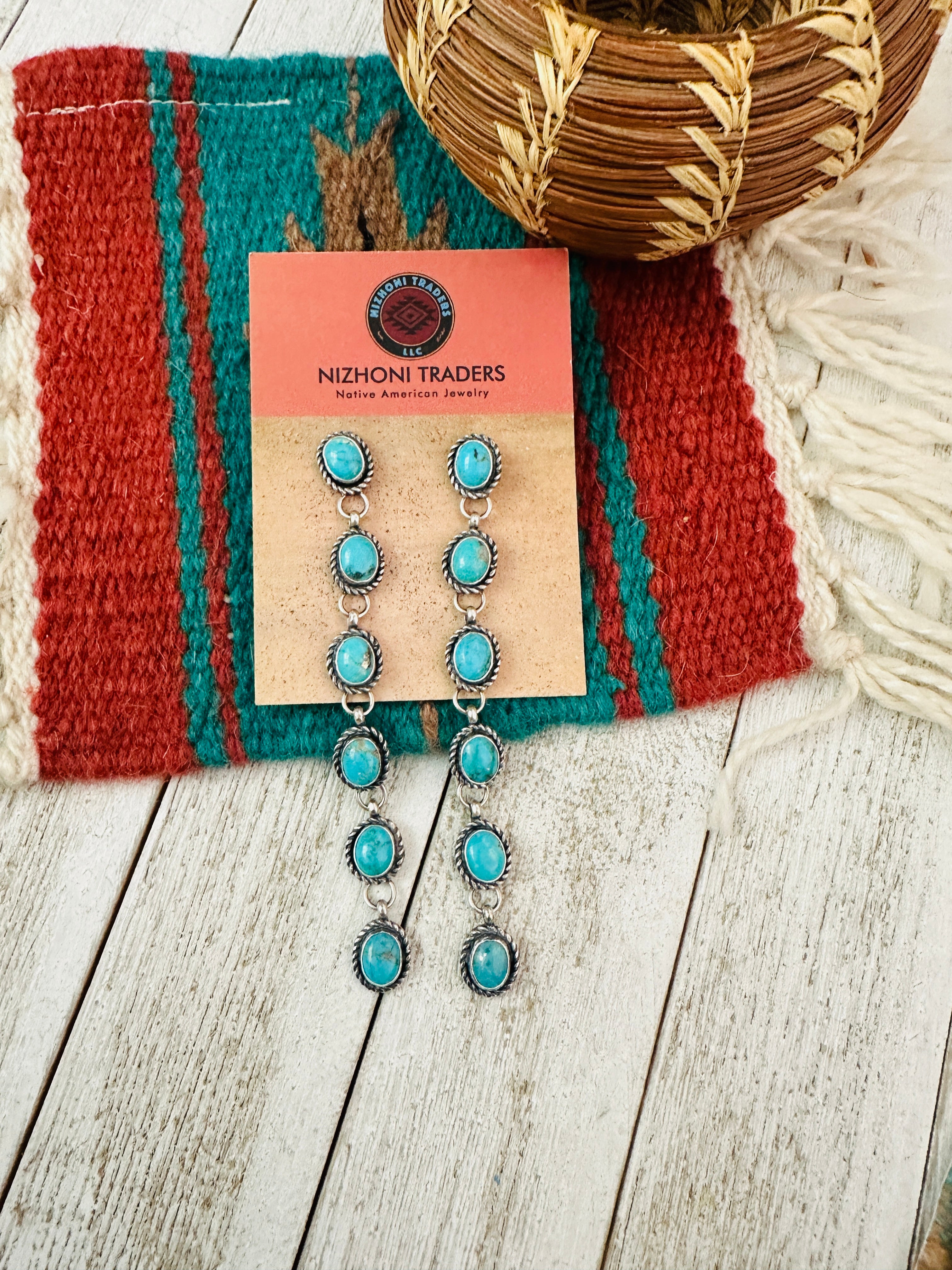 Navajo Turquoise And Sterling Silver Drop Dangle Earrings