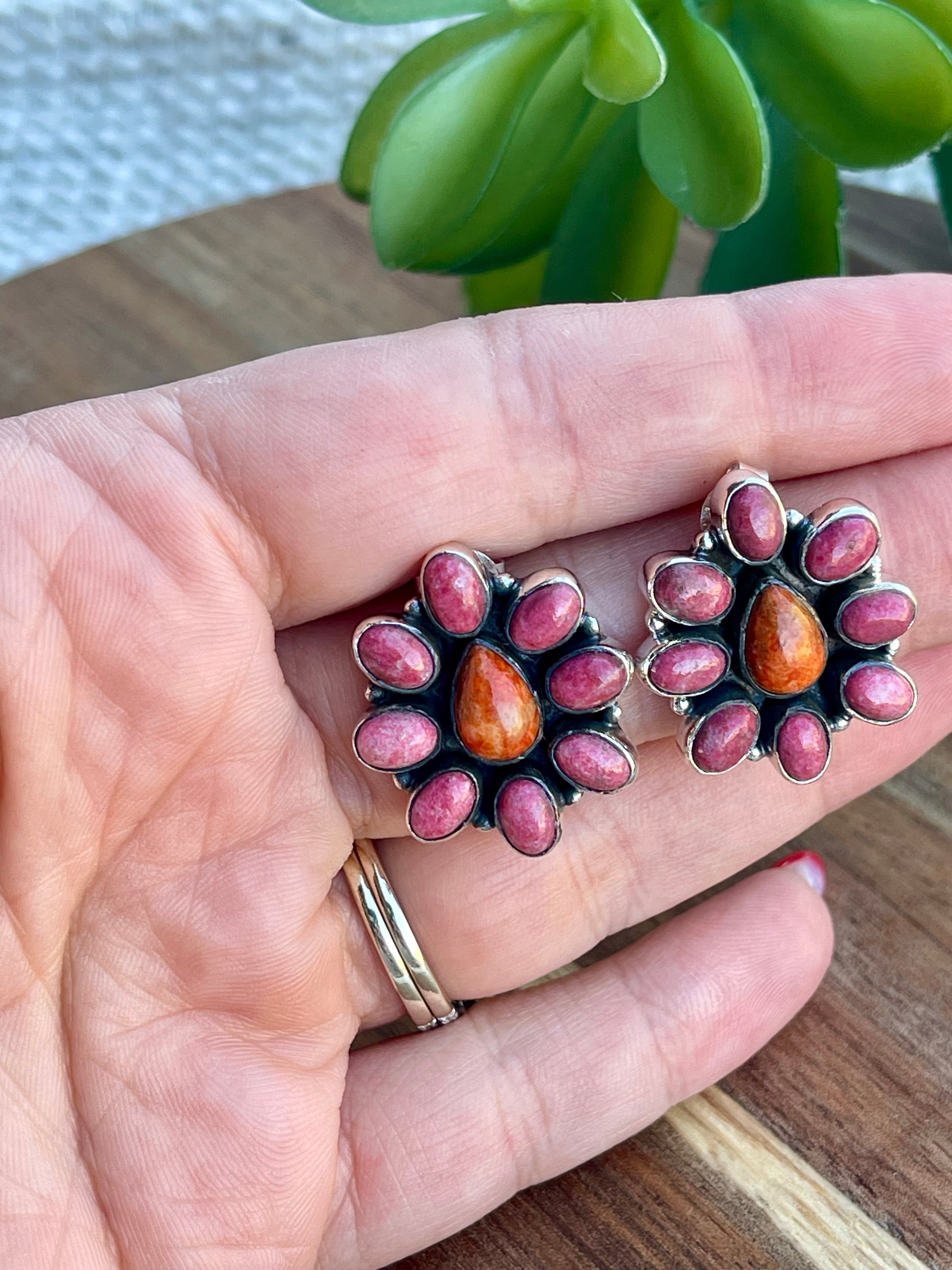 Handmade Orange Mojave, Rhodonite and Sterling Silver Post Earrings Signed Nizhoni