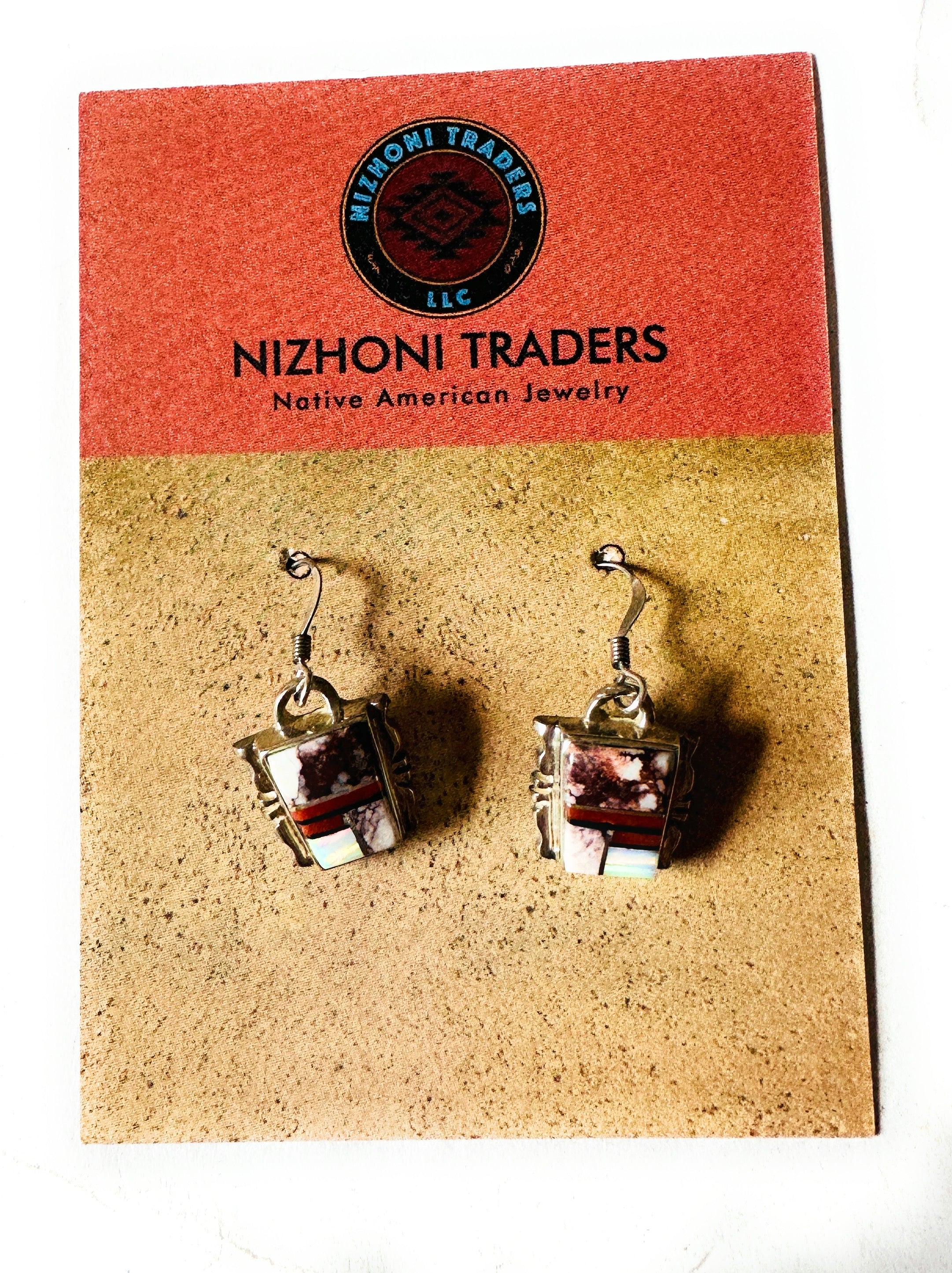 Navajo Sterling Silver & Multi Stone Inlay Dangle Earrings