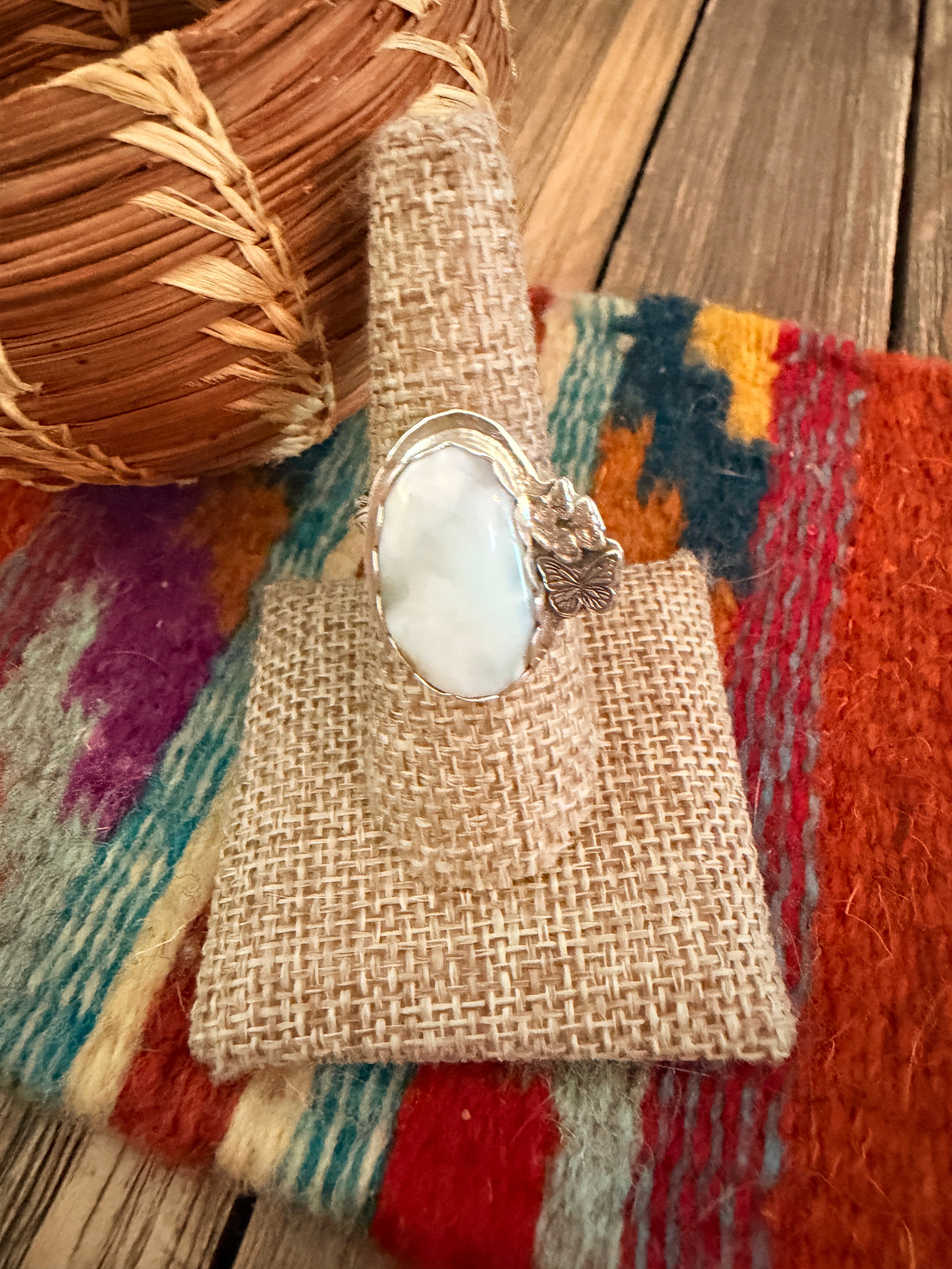 Handmade Sterling Silver and Larimar Butterfly Adjustable Ring