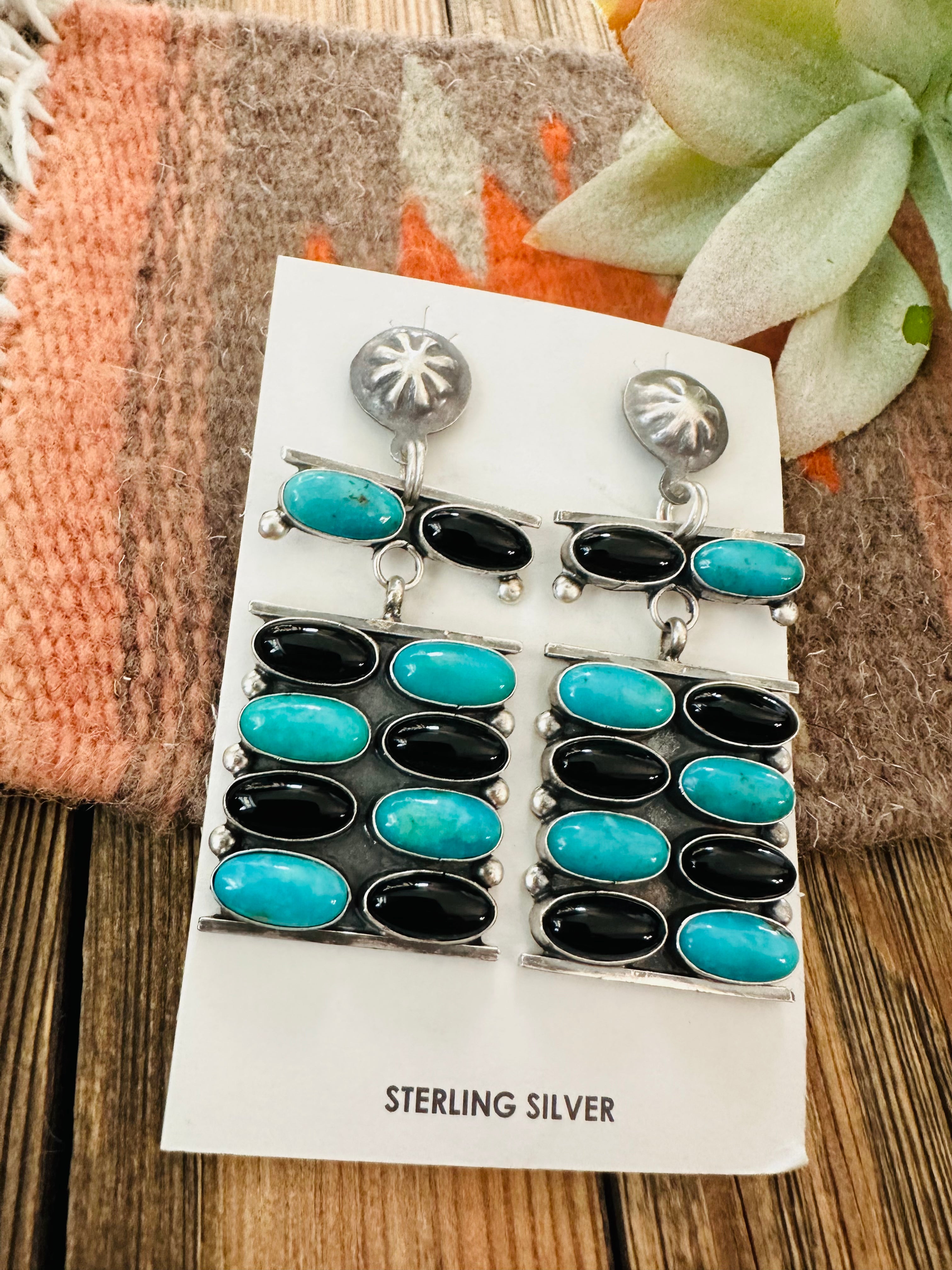 Navajo Turquoise, Onyx & Sterling Silver Dangle Earrings