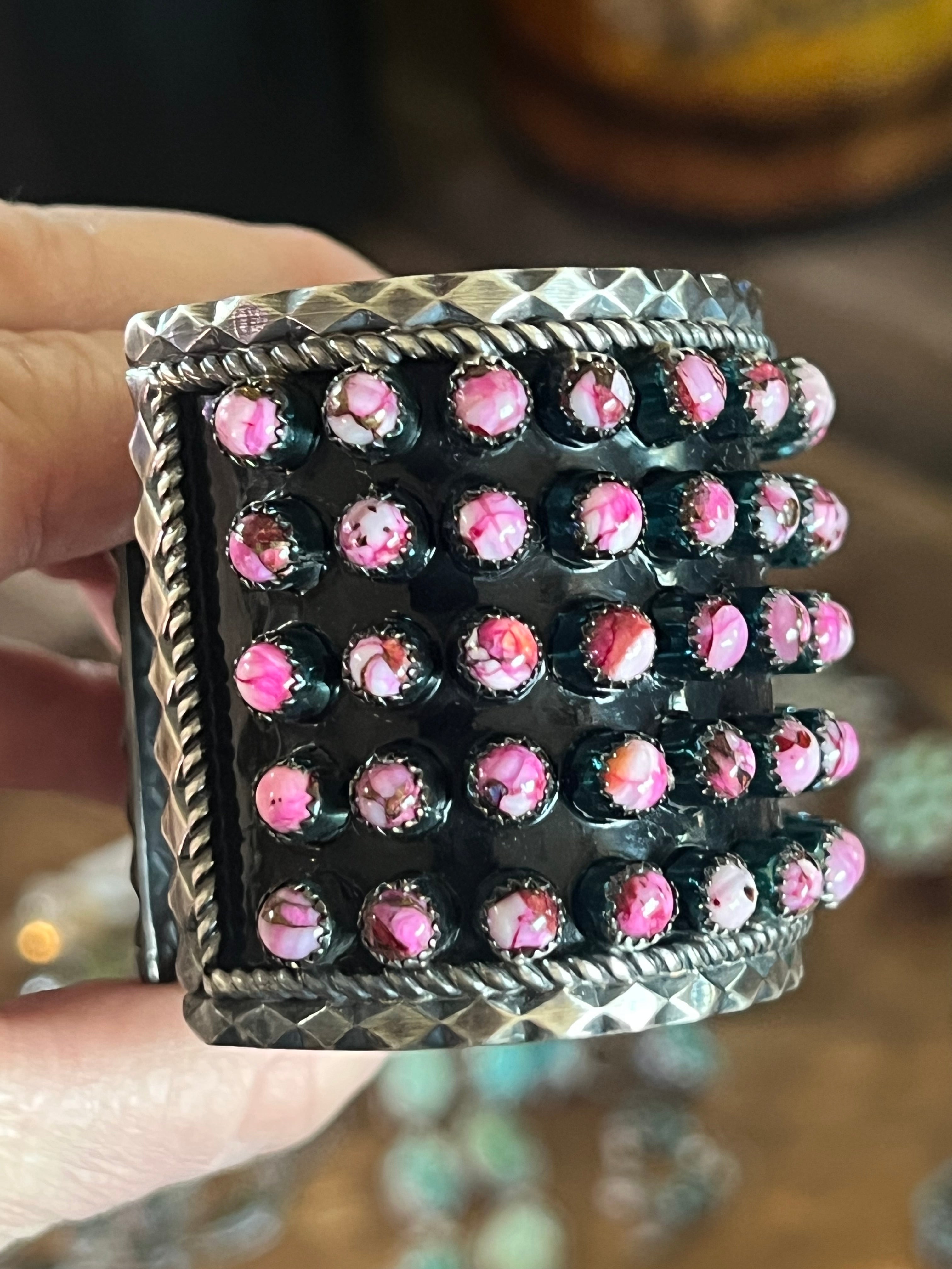 Handcrafted Sterling Silver and Pink Dream Mohave Snake Eye Style Five Row Cuff Bracelet, Signed BJ /