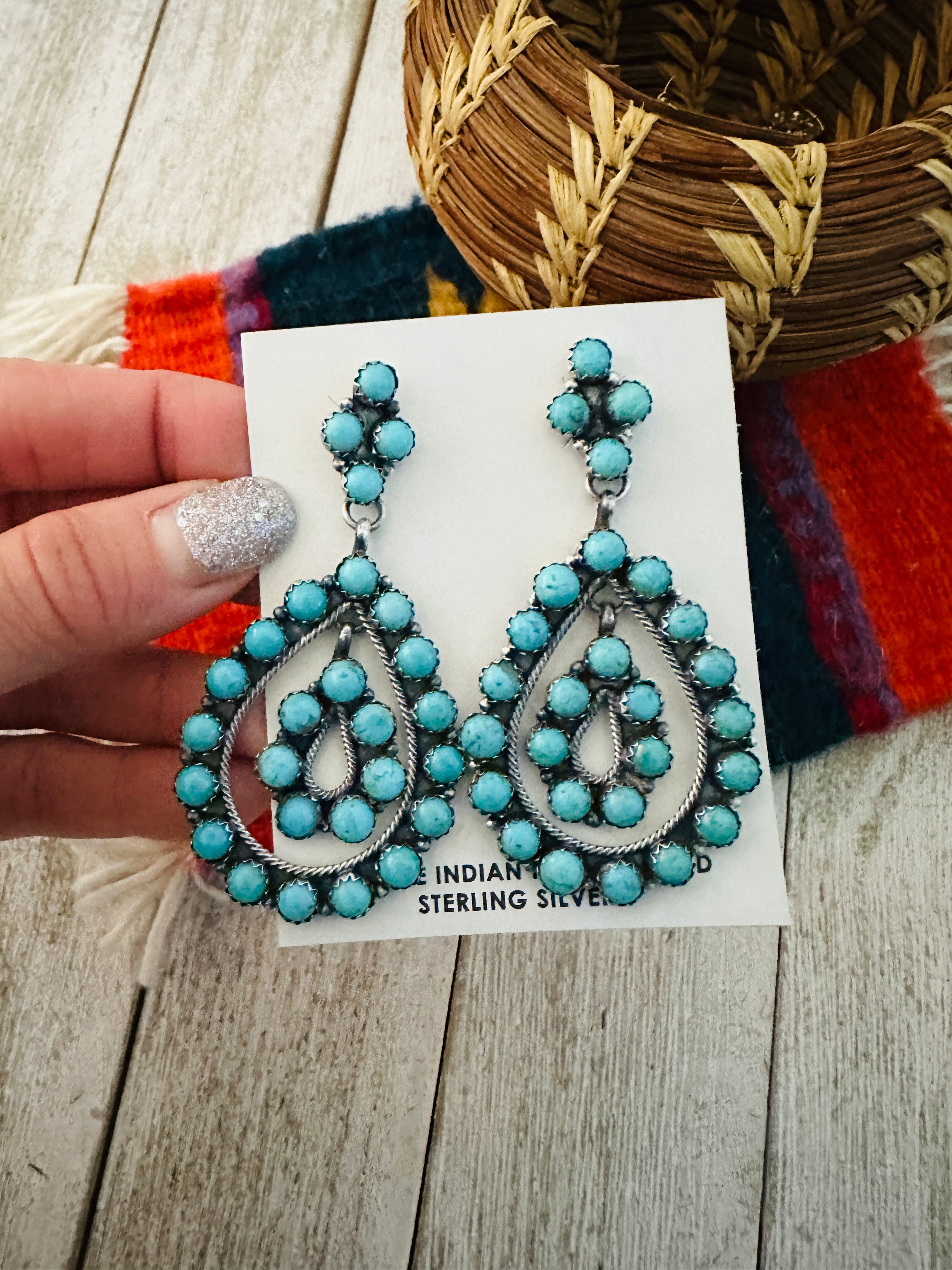 Navajo Sterling Silver & Turquoise Cluster Dangle Earrings