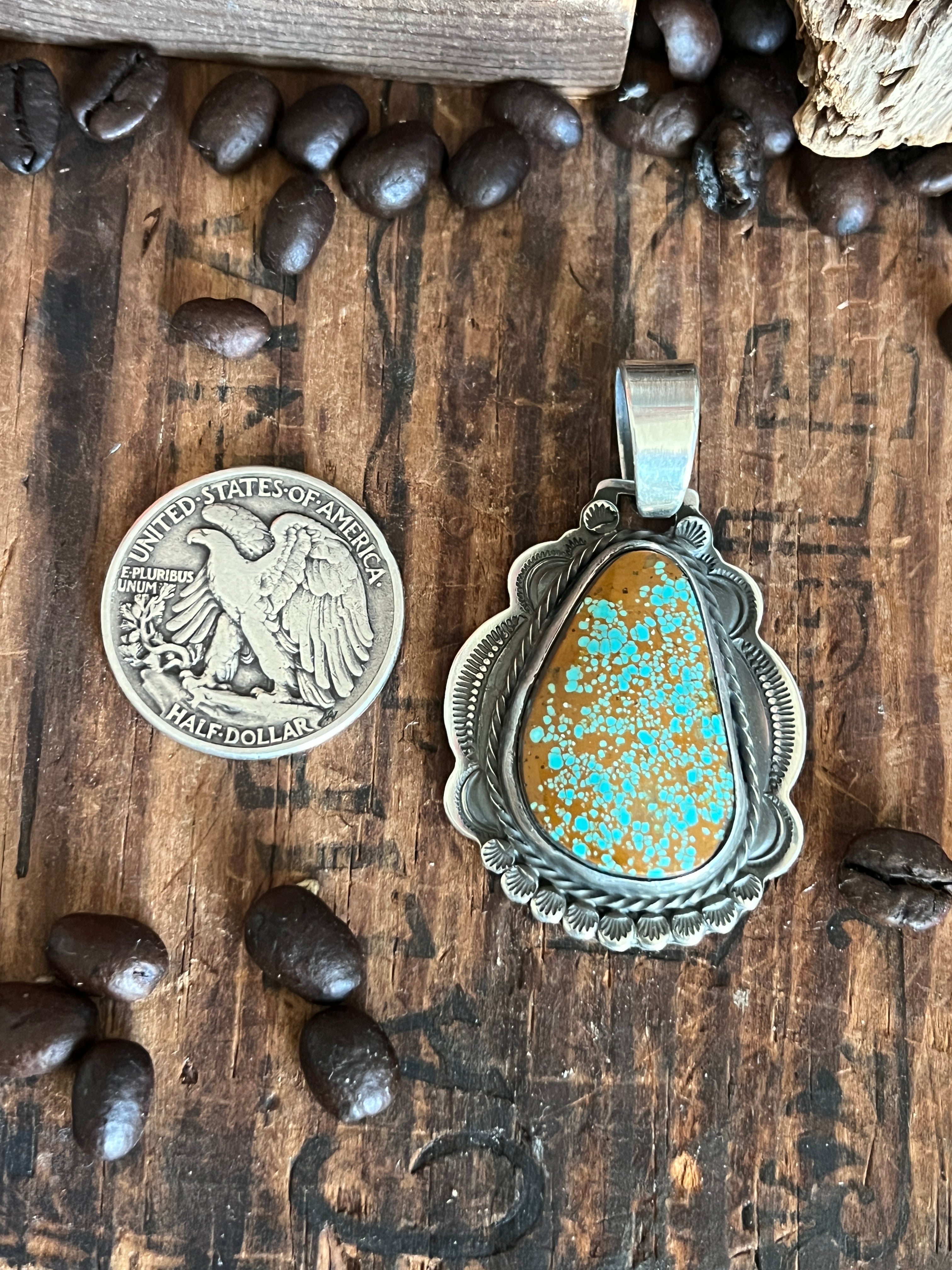 Hand Stamped Sterling Silver & Number 8 Turquoise Pendant by Kimari So