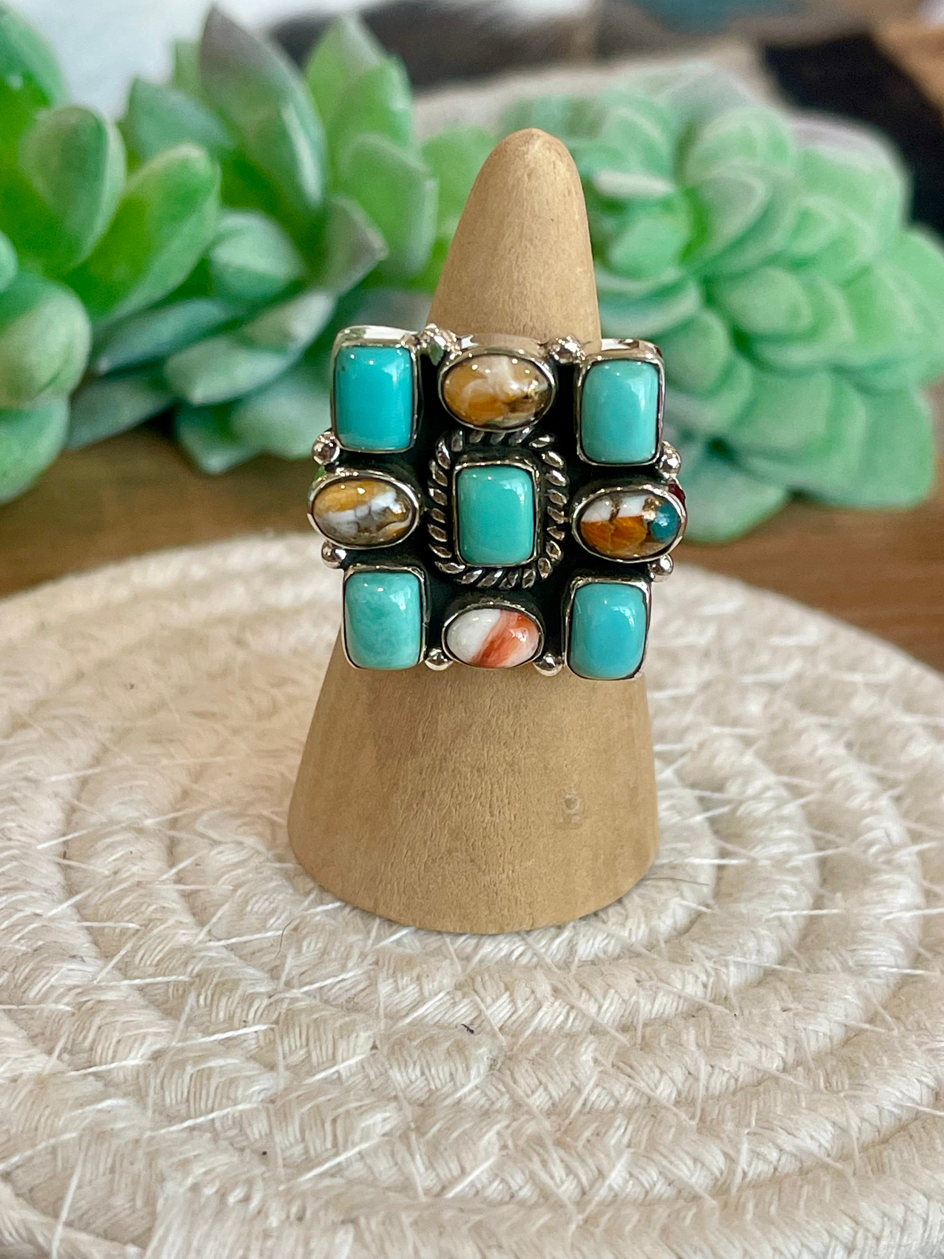 Beautiful Handmade Turquoise, Spice And Sterling Silver Adjustable Ring