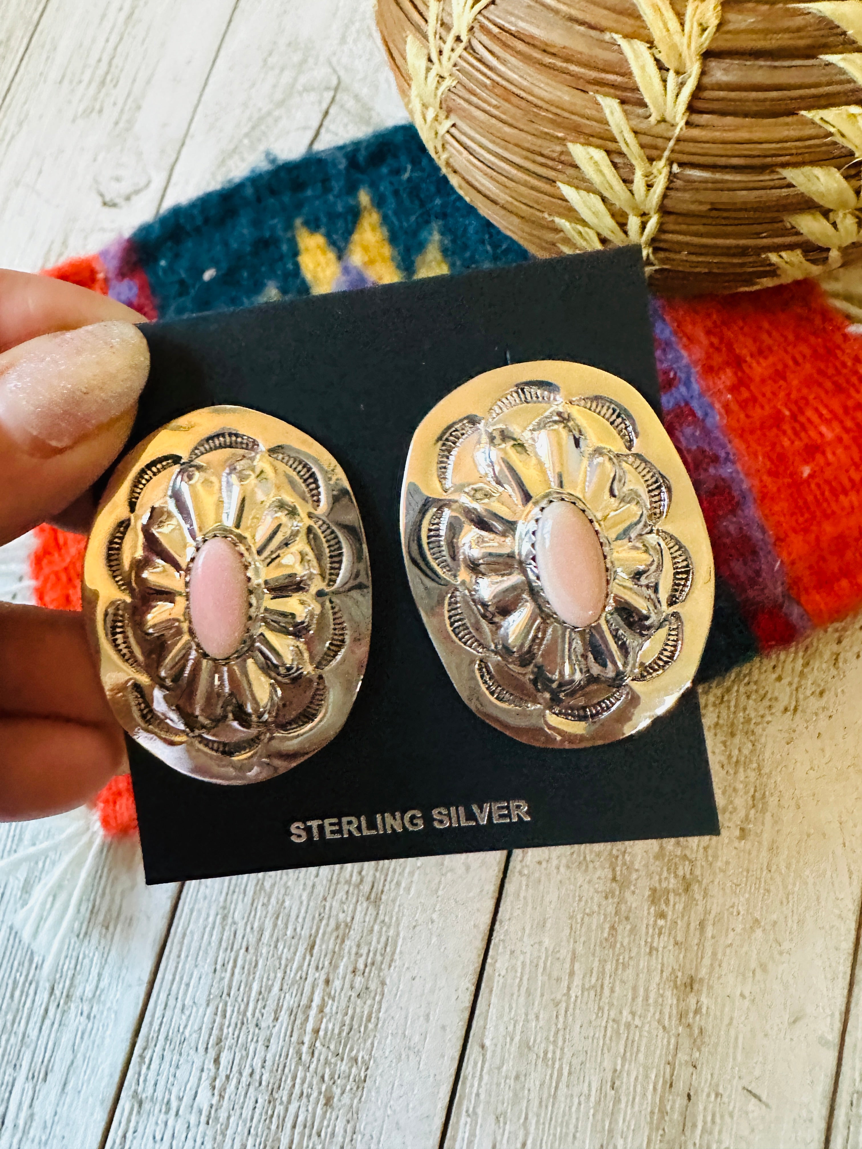 Navajo Sterling Silver & Queen Pink Conch Concho Post Earrings