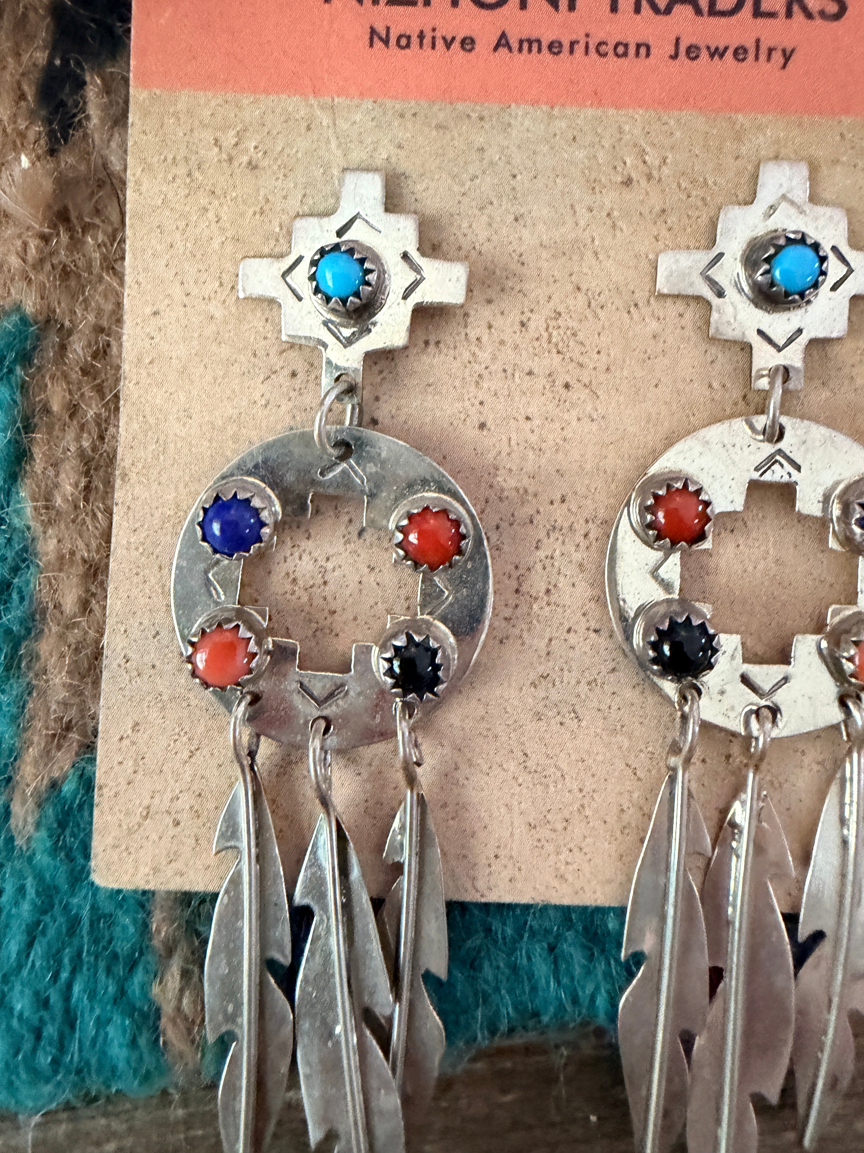 Old Pawn Handcrafted Sterling Silver & Multi Stone Feather Dangle Earrings
