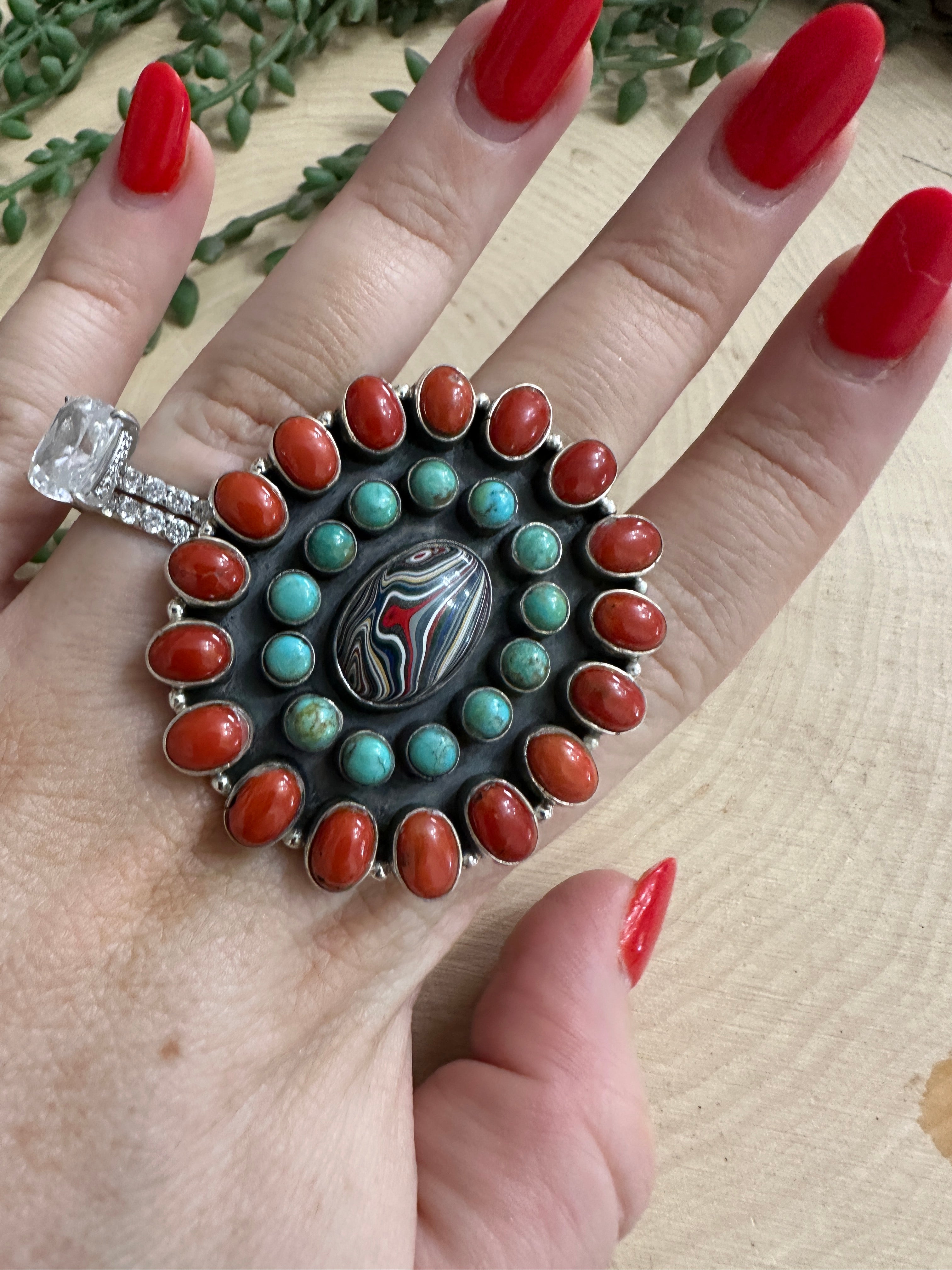 Beautiful Handmade Turquoise, Coral, Fordite And Sterling Silver Adjustable Statement Ring