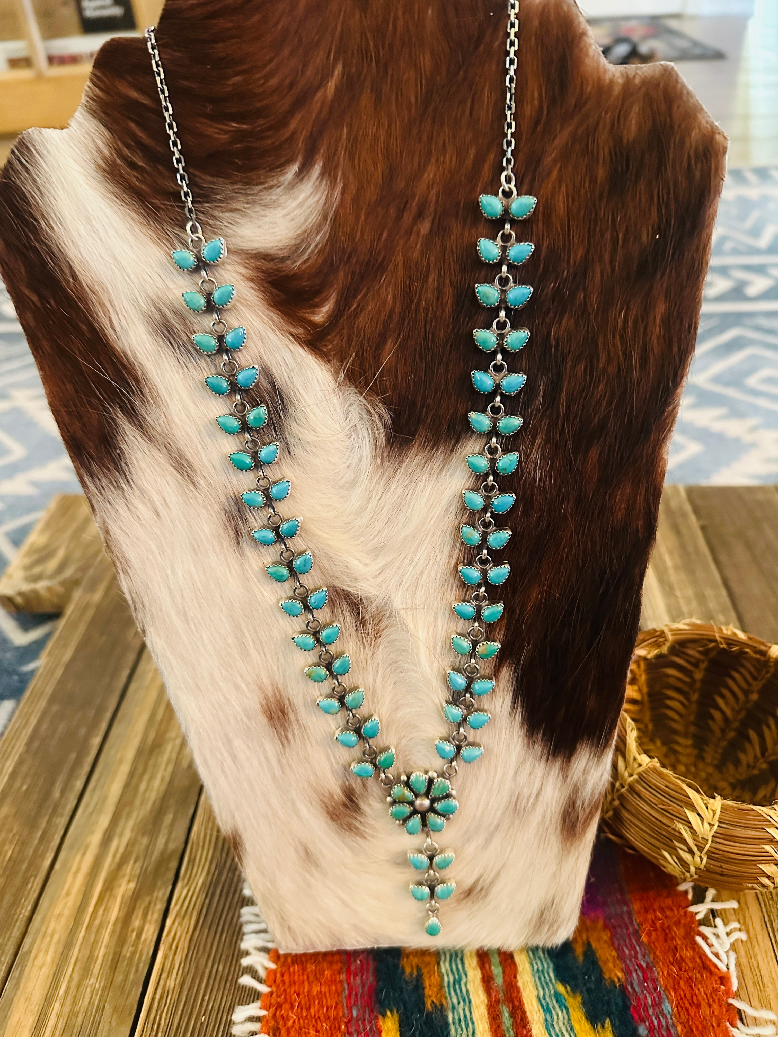 Handcrafted Turquoise & Sterling Silver Flower Cluster Necklace by Pearlene Spencer