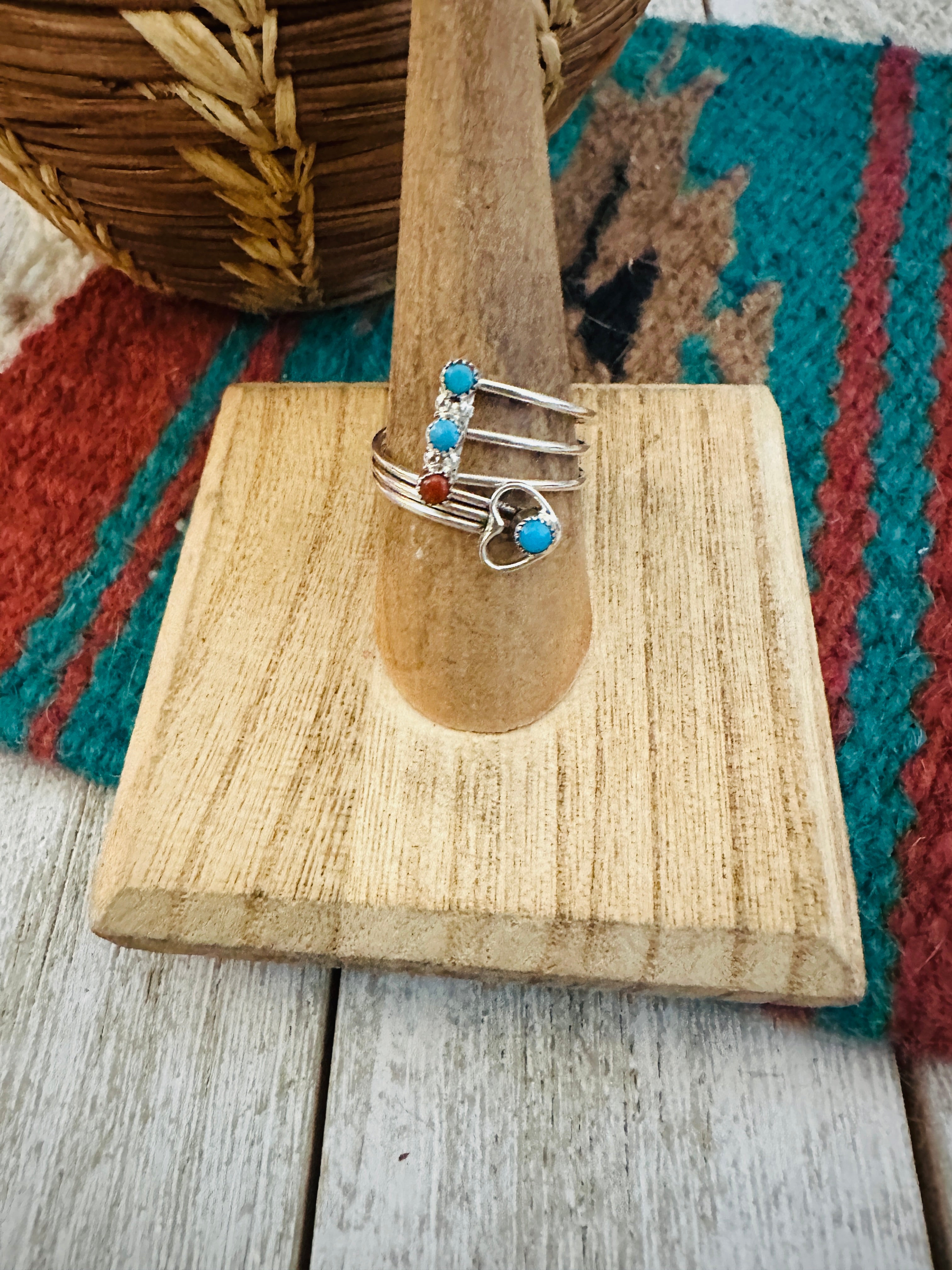 Zuni Turquoise, Coral & Sterling Silver Heart Adjustable Ring