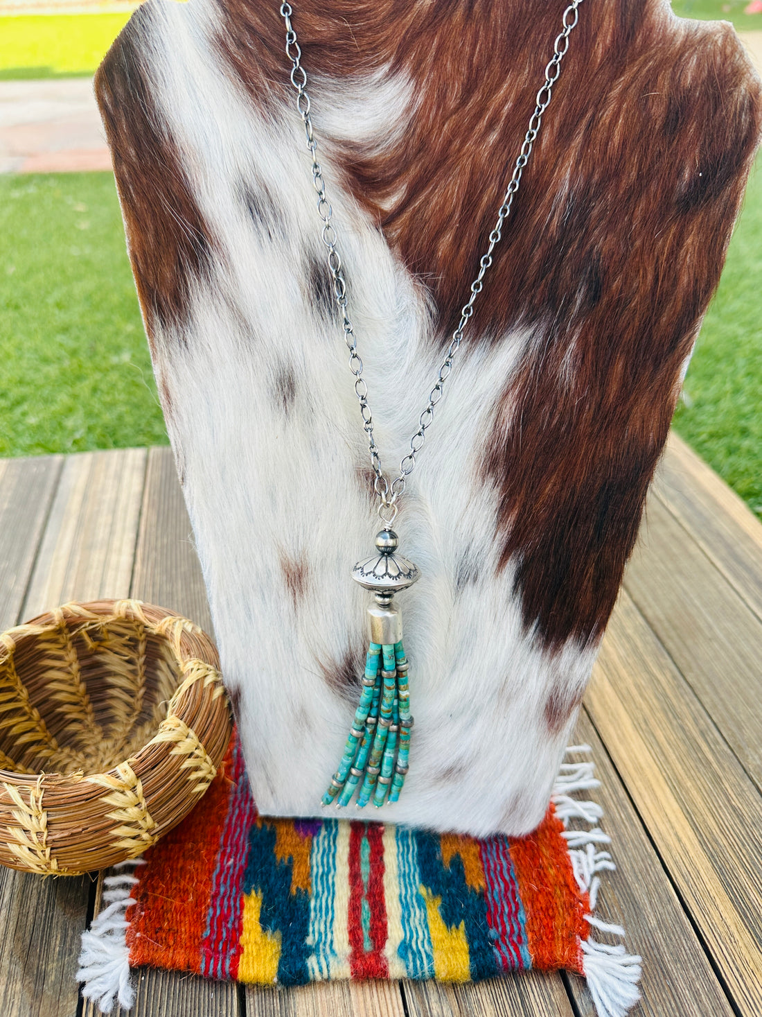 Handcrafted Turquoise & Sterling Silver Beaded Tassel Necklace