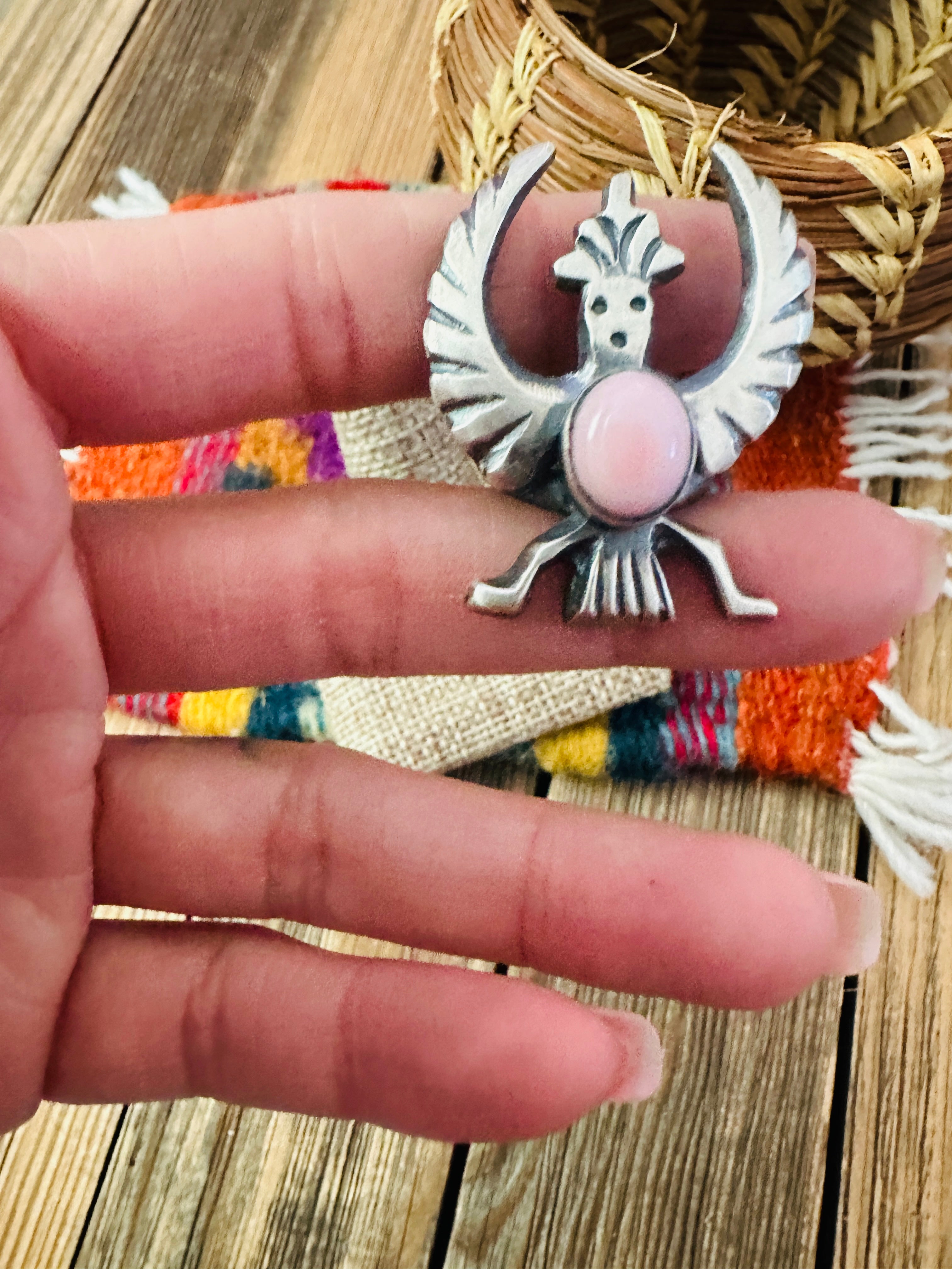 Handcrafted Queen Pink Conch and Sterling Silver Thunderbird Ring size 5 by Chimney Butte