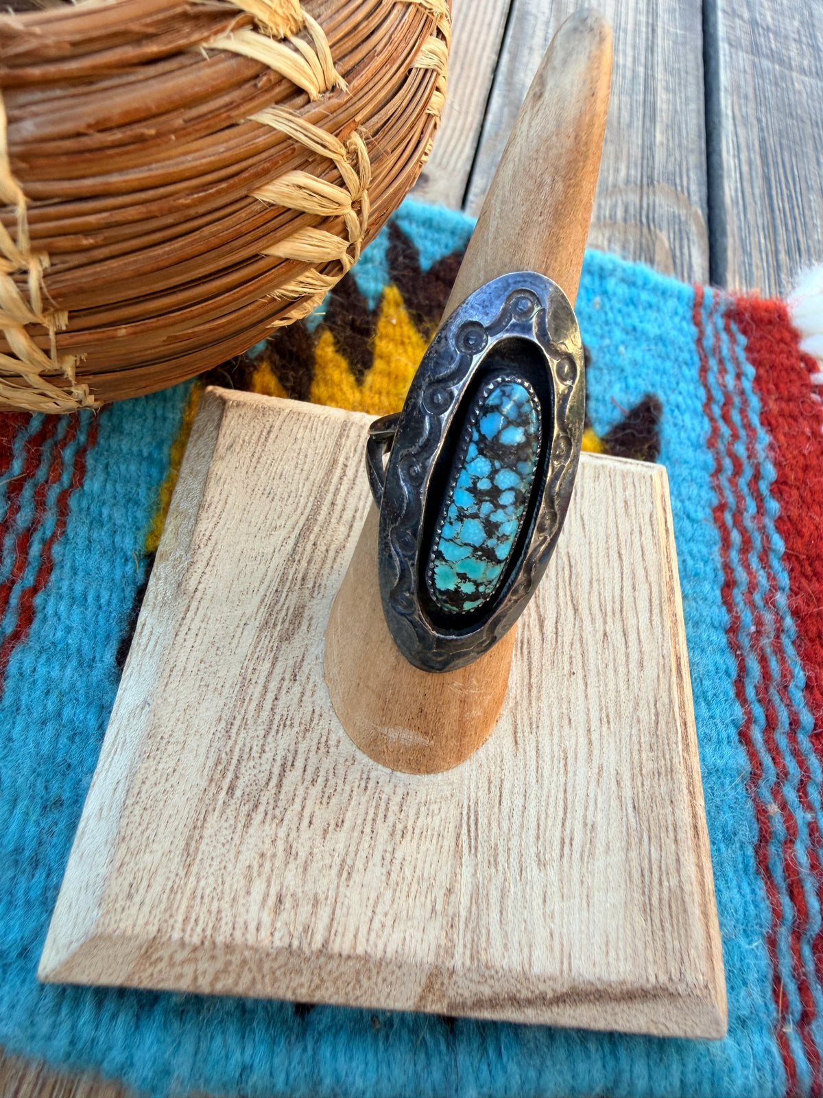 Old Pawn Handcrafted Turquoise & Sterling Silver Ring Size 6