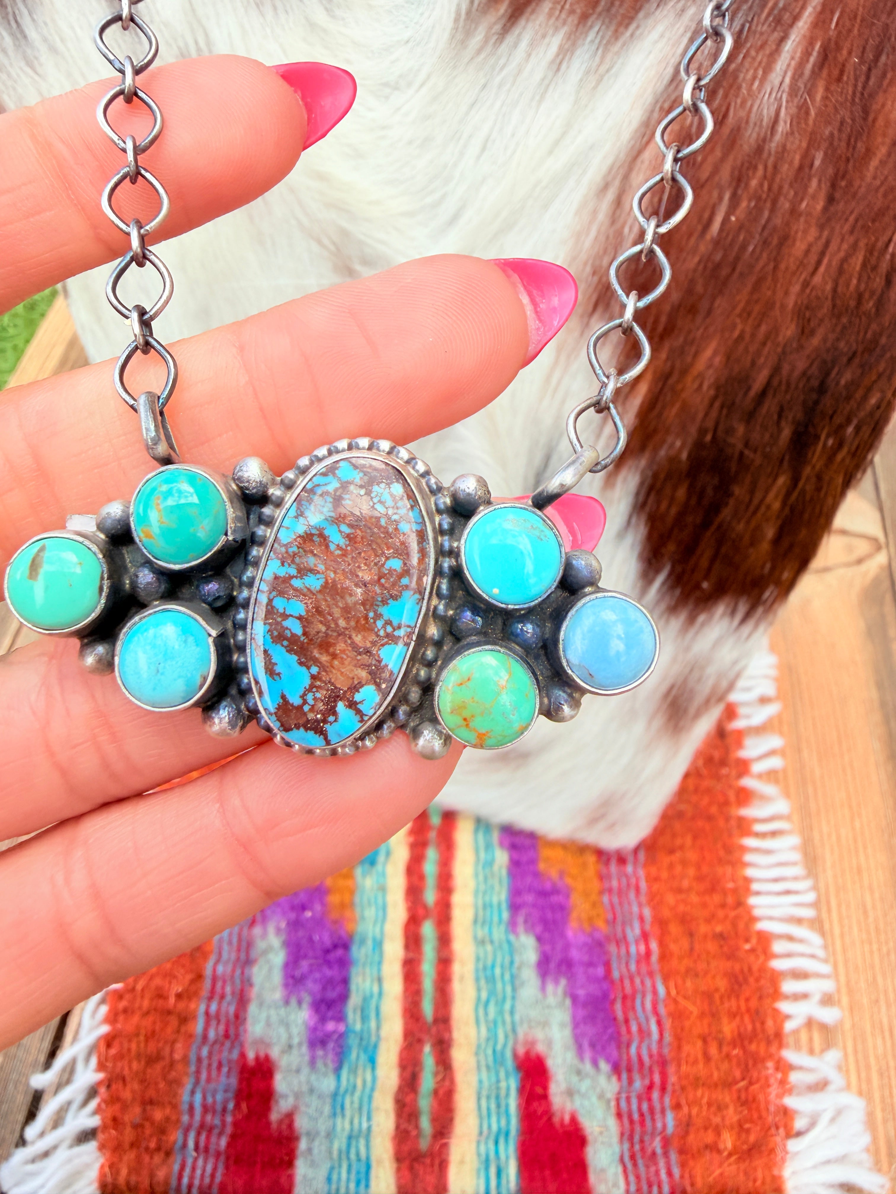 Handcrafted Turquoise & Sterling Silver Cluster Necklace by Travis Jim