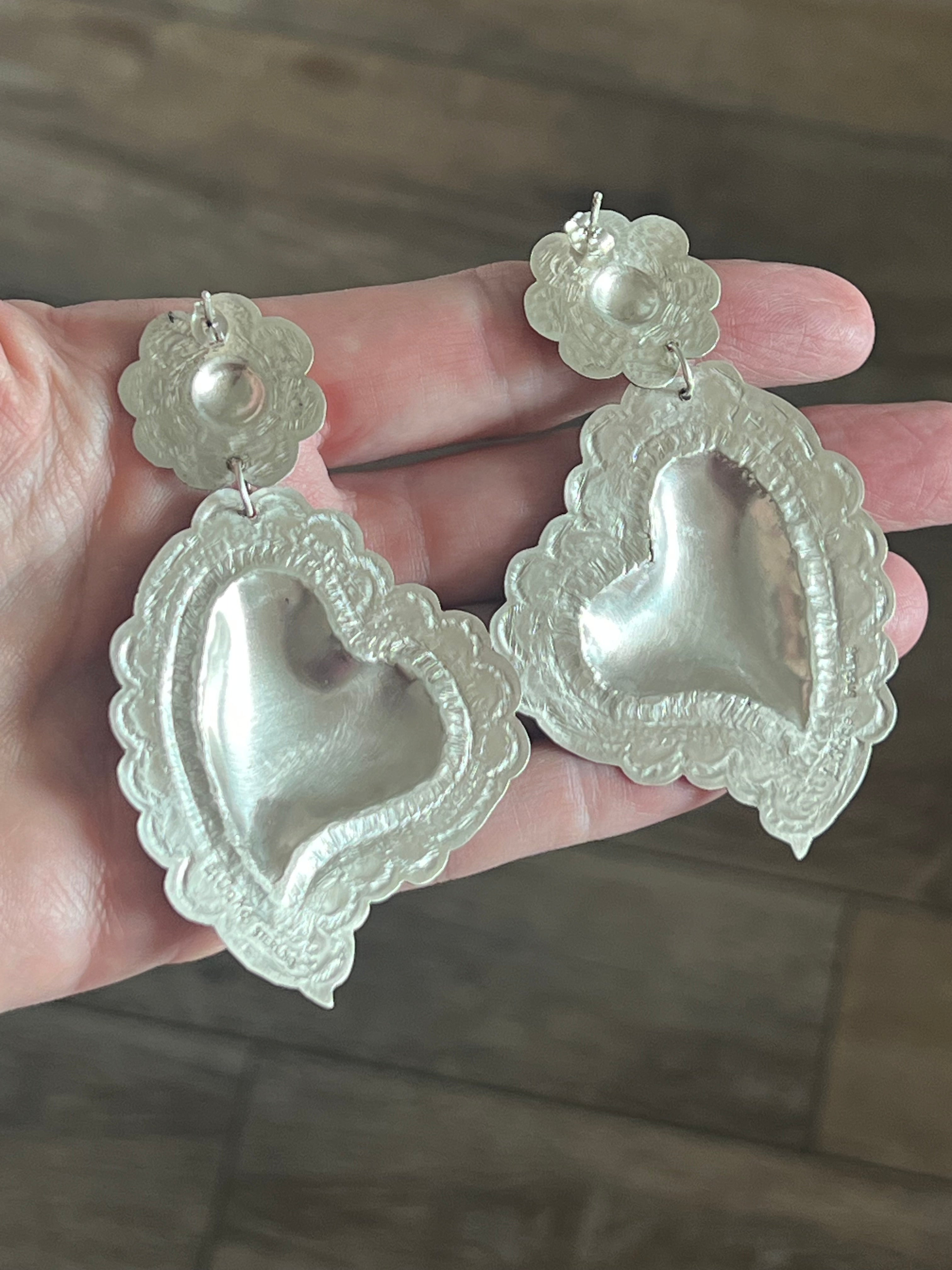 Handcrafted crafted Sterling Silver Stamped Repousse Heart Earrings by Leander Tahe, AH1