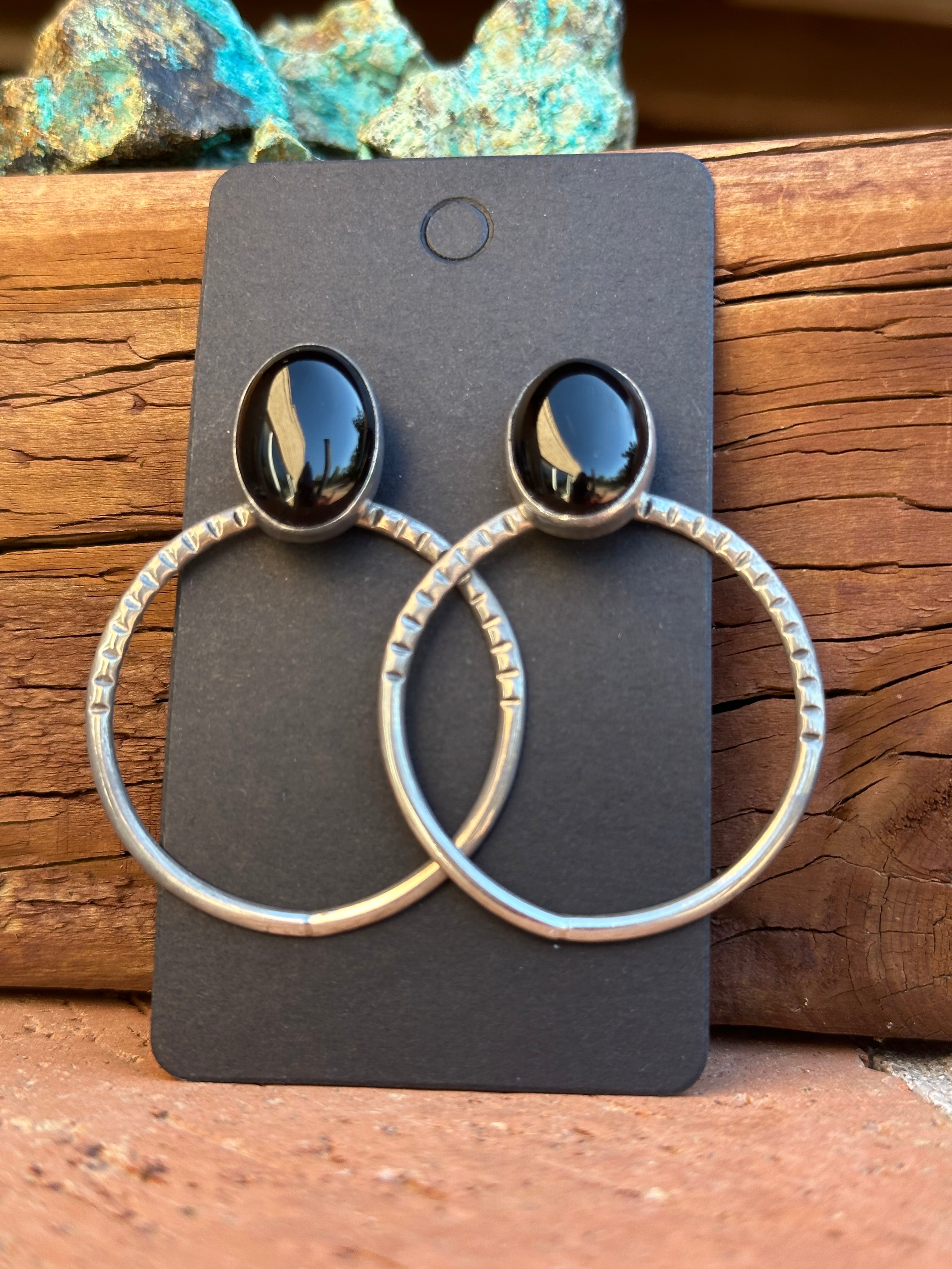 Navajo Sterling Silver & Black Onyx Post Hoop Earrings