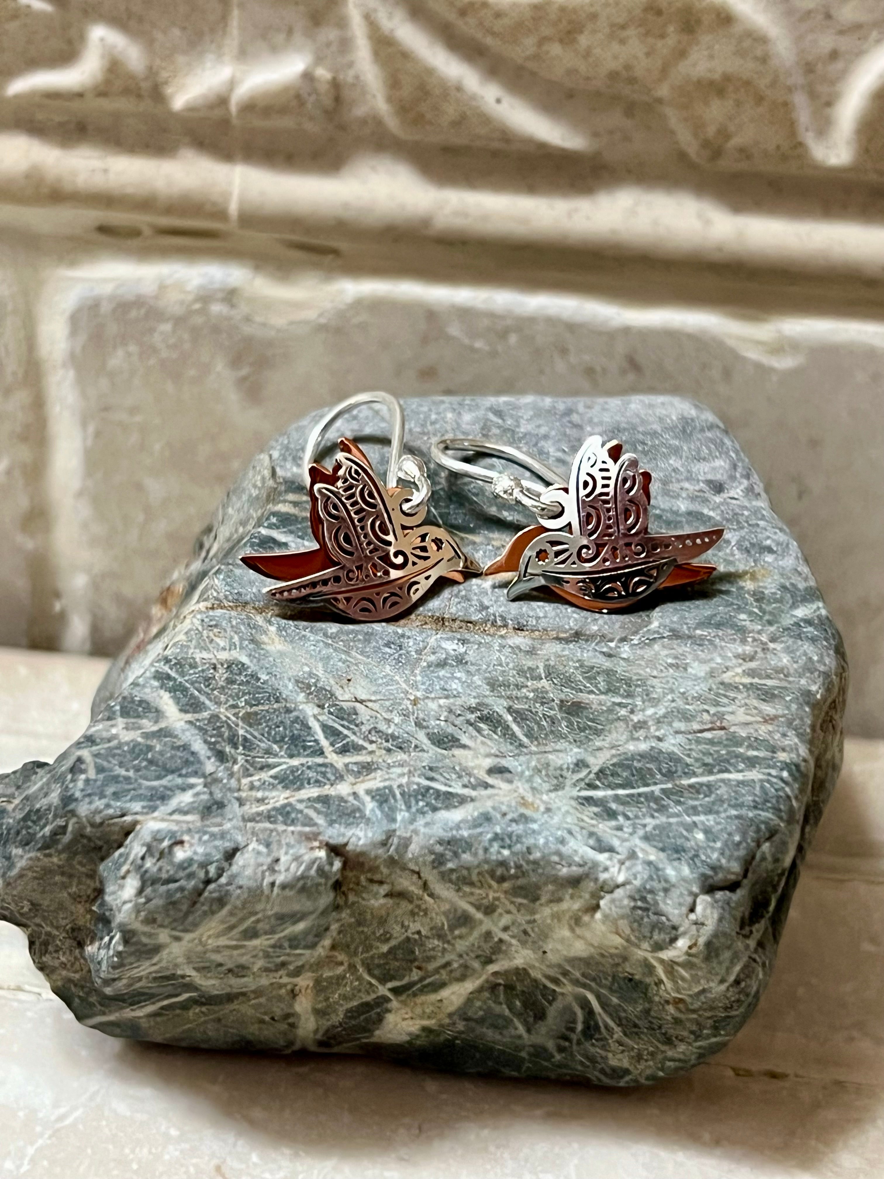 Silver & Copper Two-Piece Hummingbird Earrings on Hook