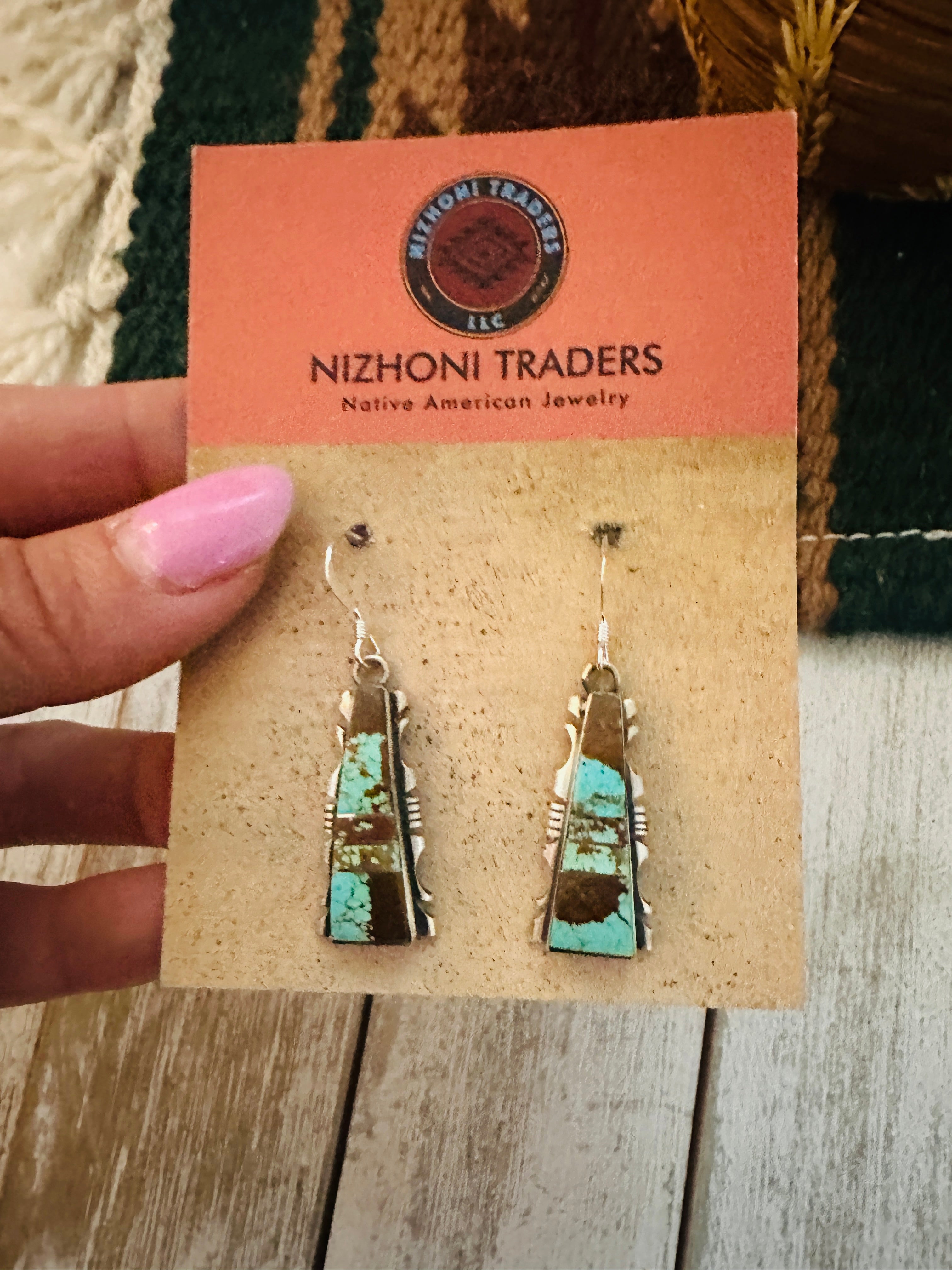 Navajo Number 8 Turquoise And Sterling Silver Inlay Dangle Earrings