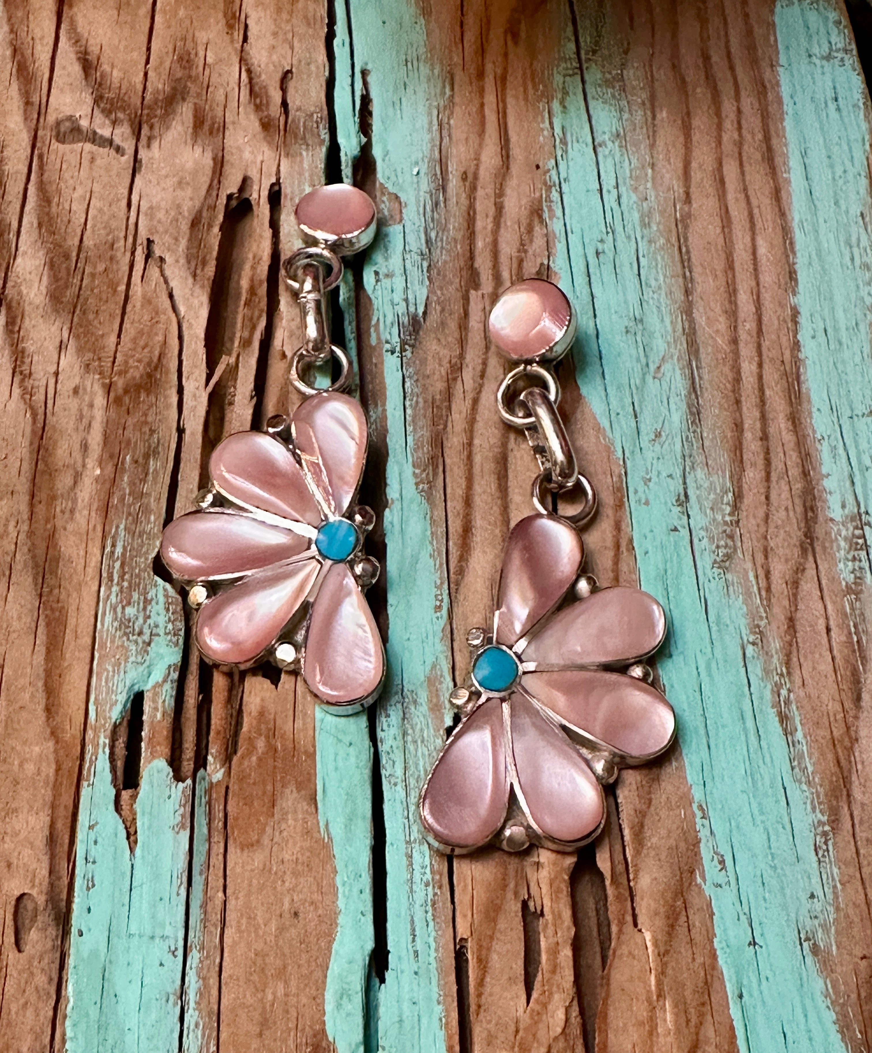 Handcrafted Pink Mother of Pearl & Turquoise Sterling Silver Flower Earrings