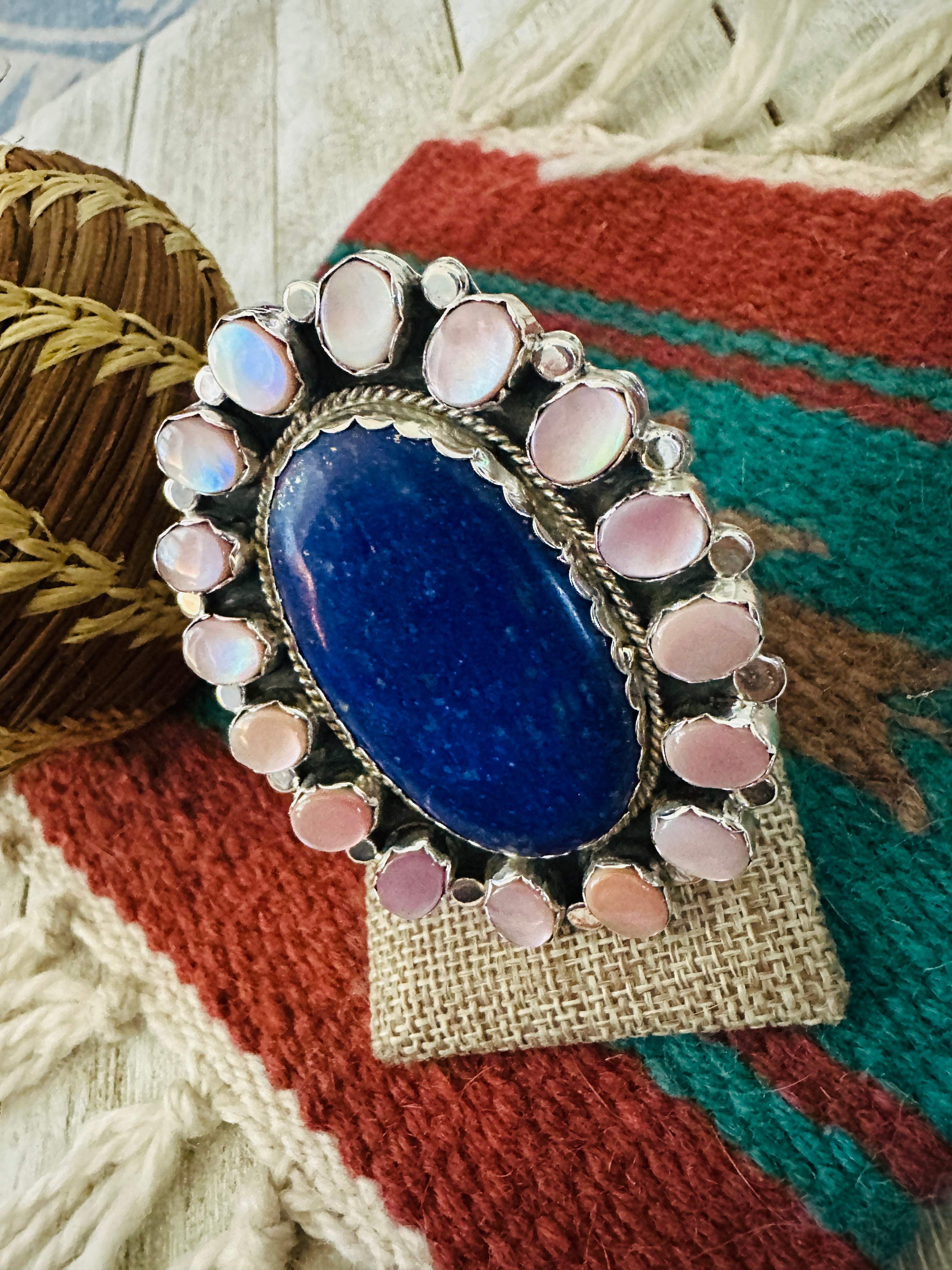 Handcrafted Lapis, Mother of Pearl Oyster & Sterling Silver Cluster Ring Size 9