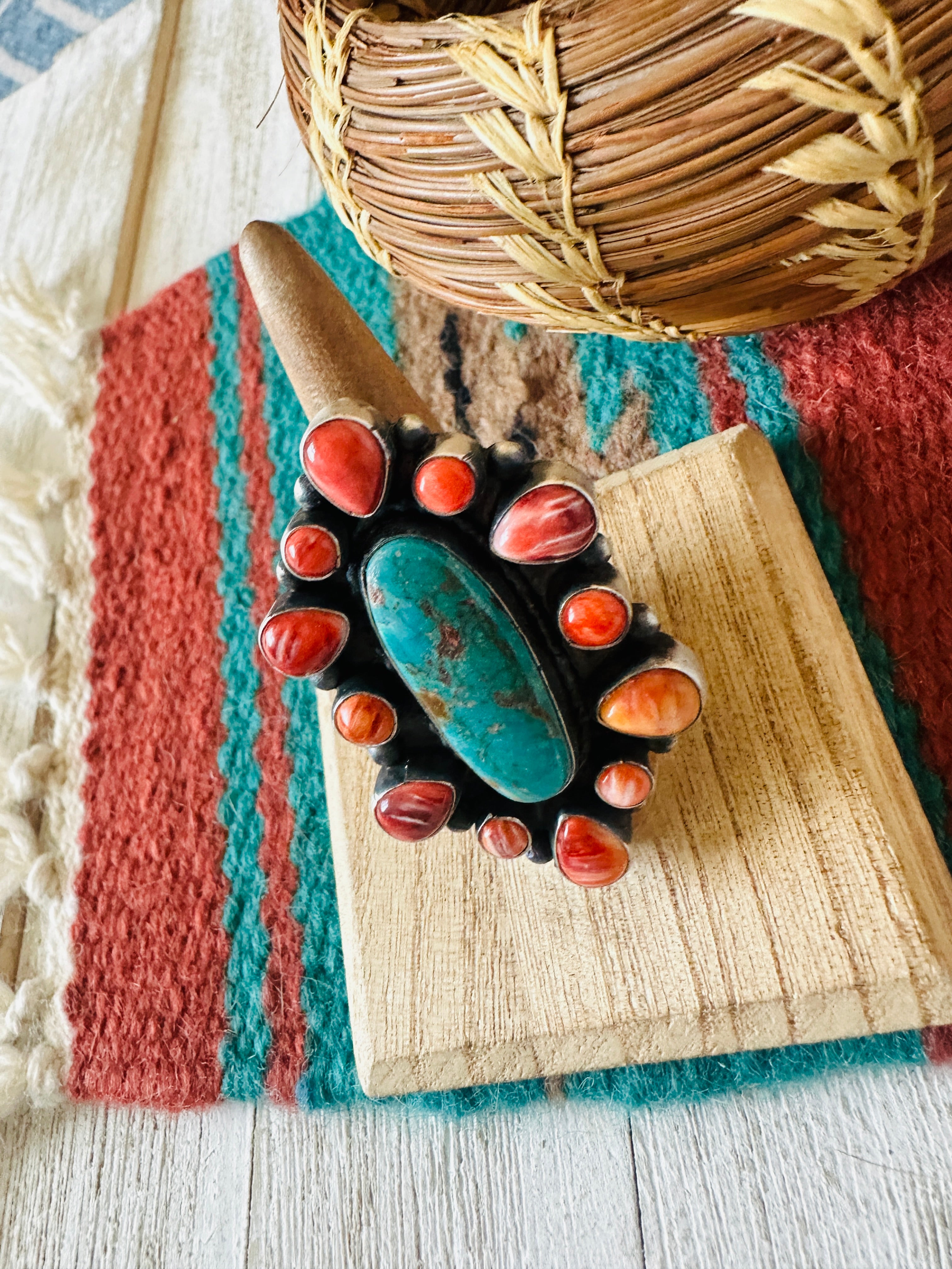 Navajo Sterling Silver, Spiny & Turquoise Cluster Ring Size 7